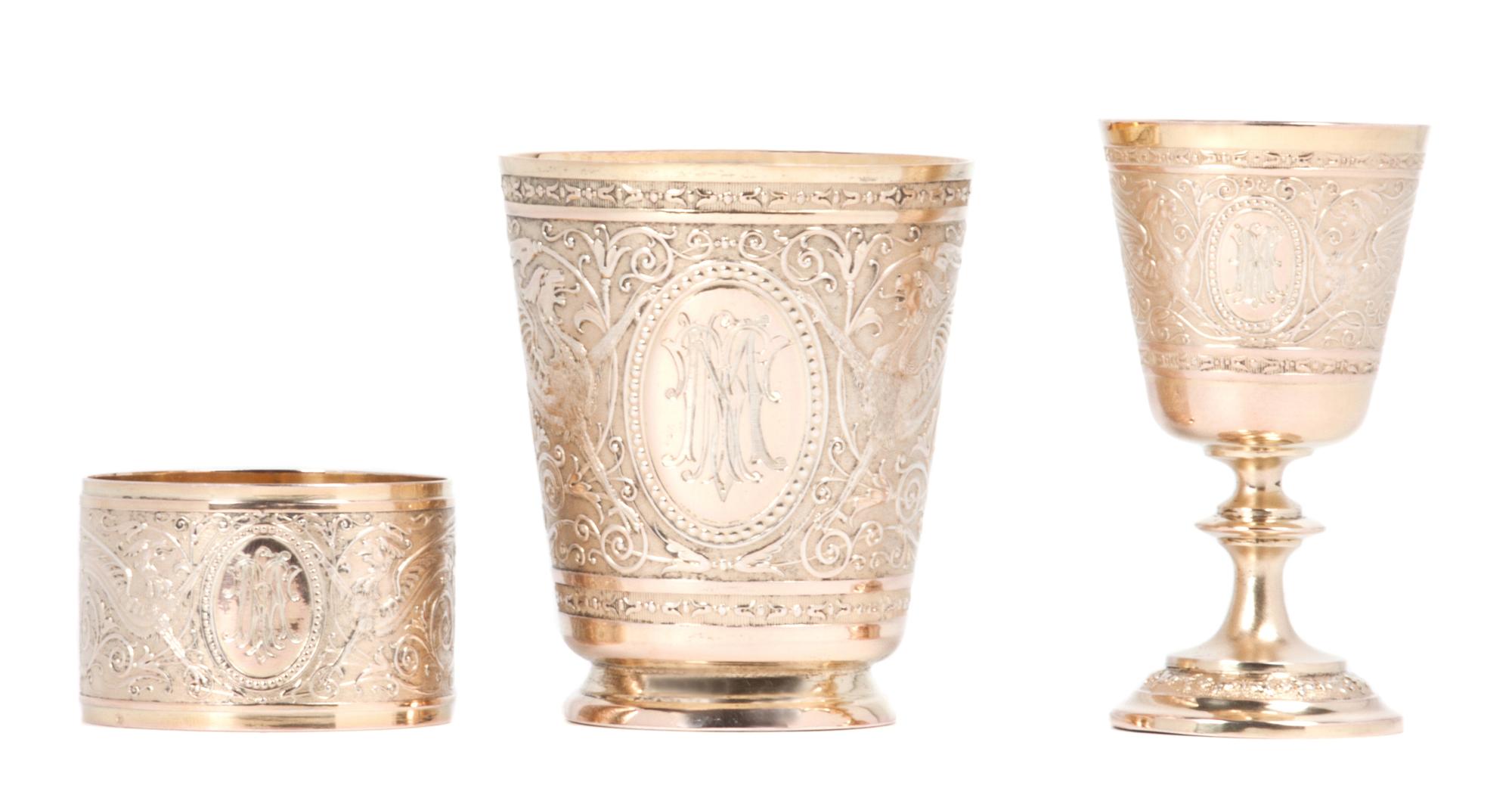 An Austrian Silver Travel Place Setting, J.C. Klinkosch, Vienna, comprising a drinking cup, eggcup, napkin ring, set of flatware, and c
