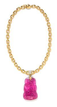An 18 Karat Bicolor Gold, Carved Pink Tourmaline and Diamond Necklace, Trio, 48.95 dwts.