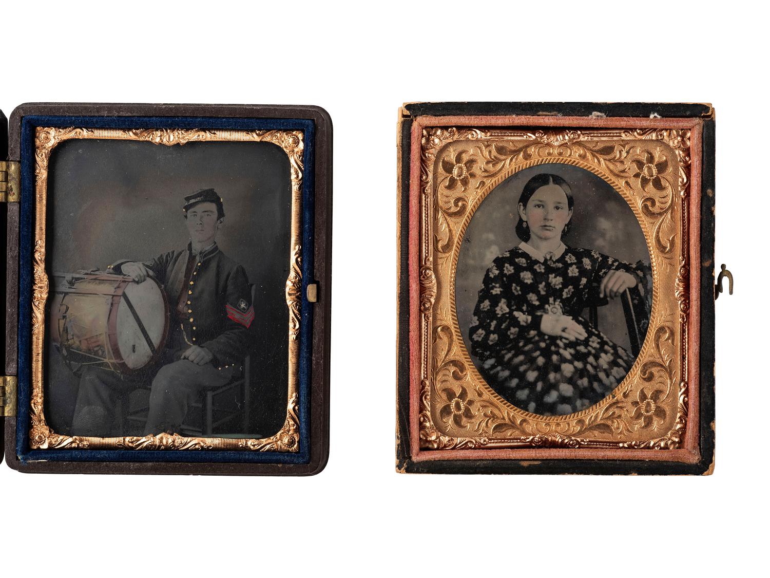 [CIVIL WAR]. Sixth plate tintype portrait of a Civil War drummer with hand tinting. [With:] sixth plate portrait of a young woman, likely his wife.