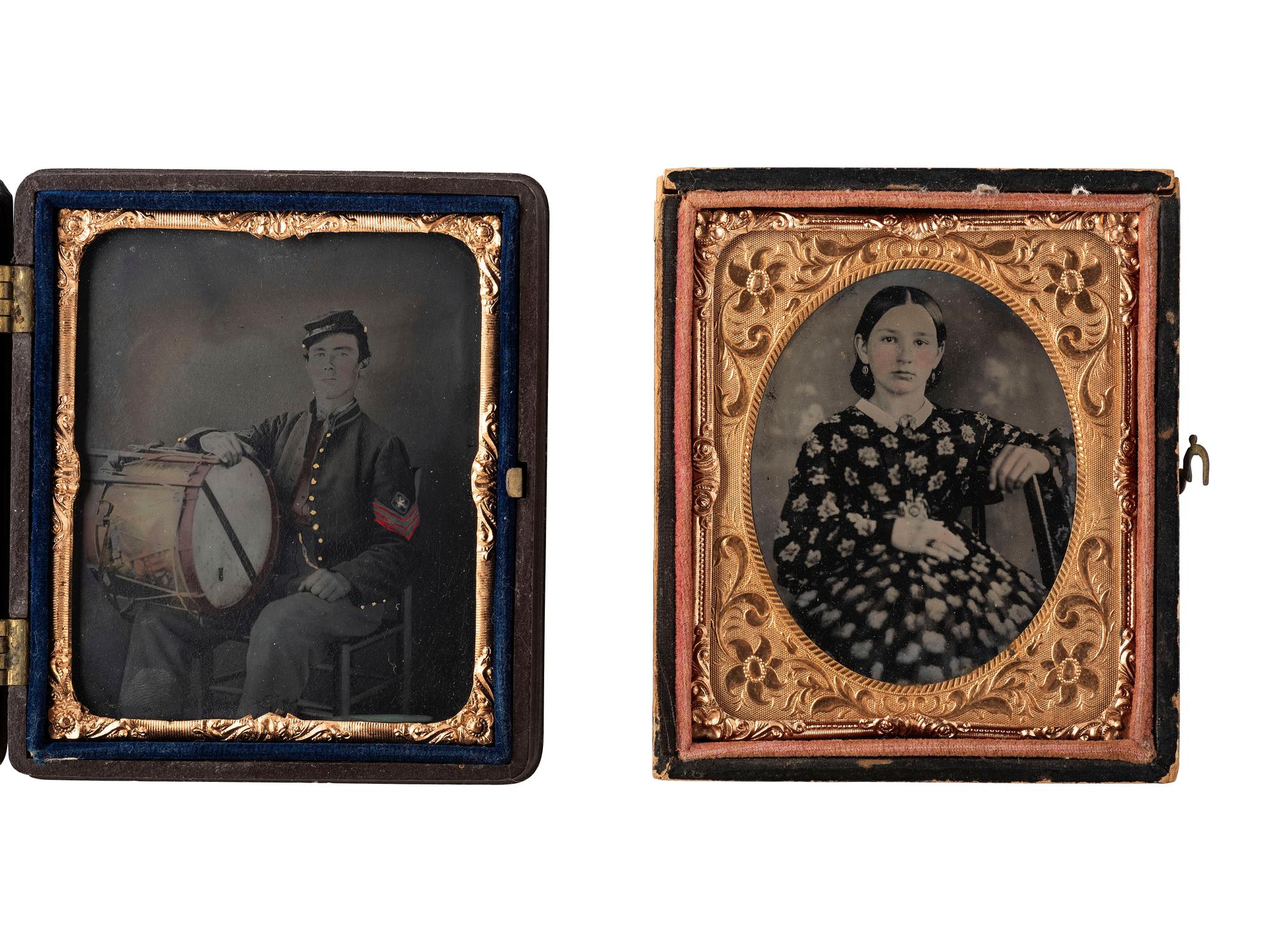 [CIVIL WAR]. Sixth plate tintype portrait of a Civil War drummer with hand tinting. [With:] sixth plate portrait of a young woman, likely his wife.