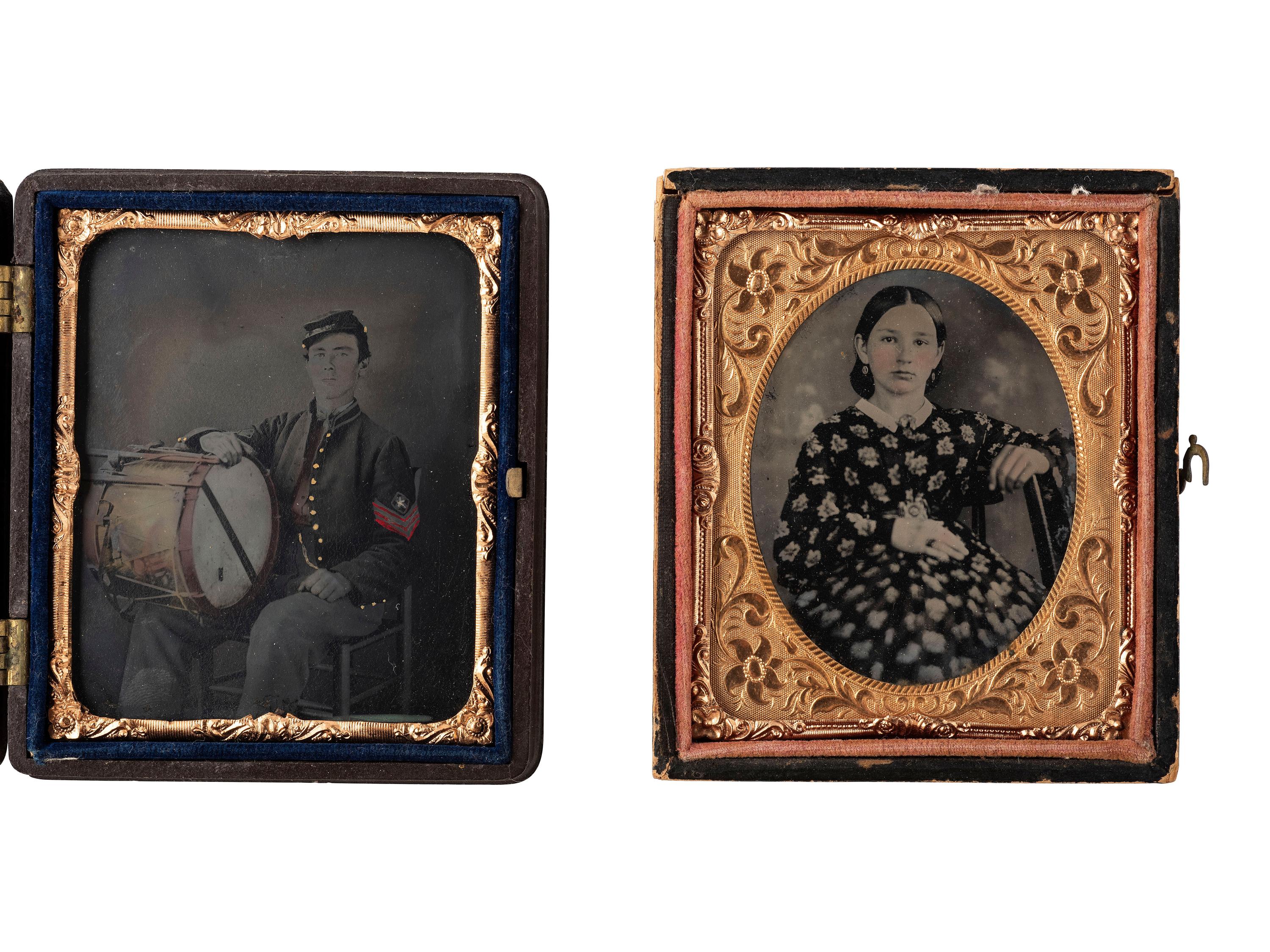 [CIVIL WAR]. Sixth plate tintype portrait of a Civil War drummer with hand tinting. [With:] sixth plate portrait of a young woman, likely his wife.