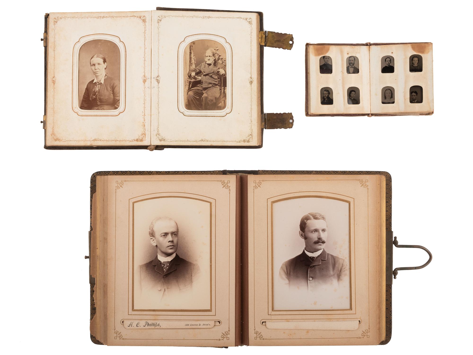 [EARLY PHOTOGRAPHY]. A group of 10 albums containing over 300 cabinet cards, CDVs, and tintypes.