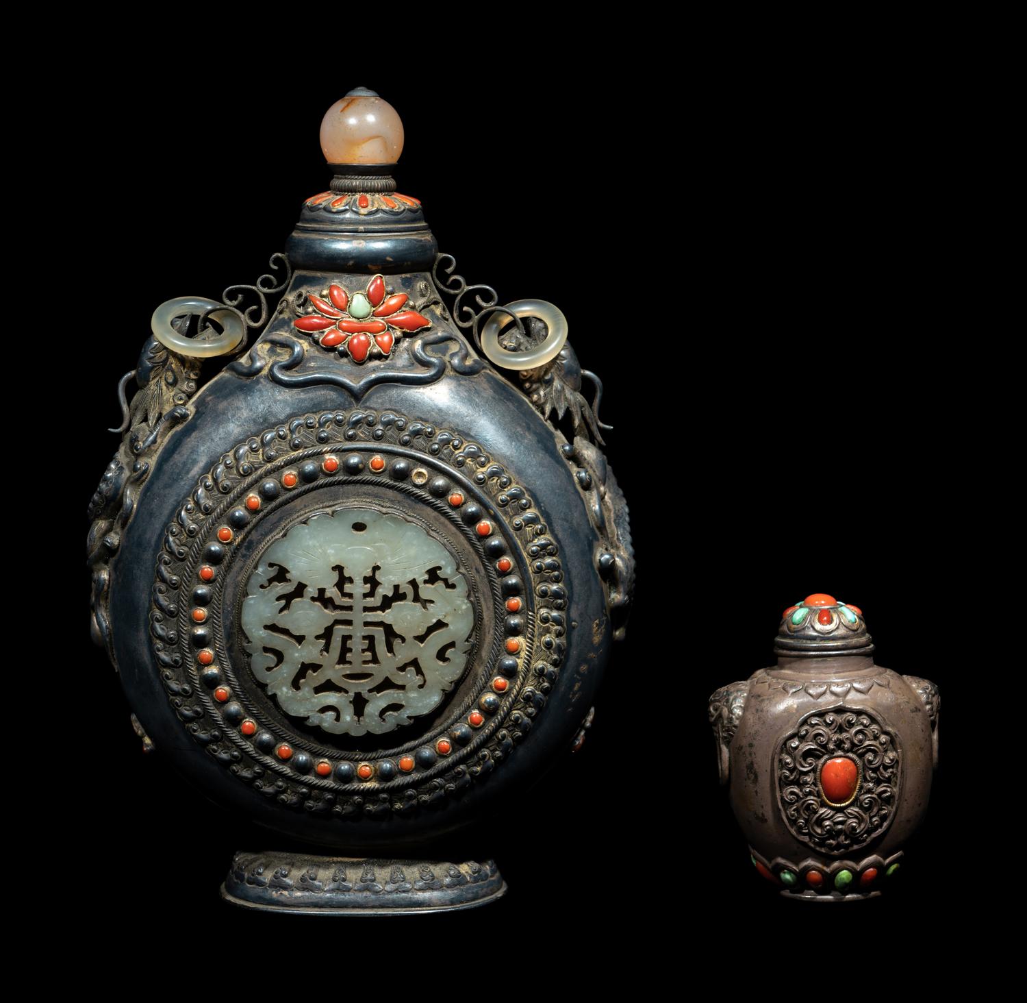 Two Mongolian Hardstone Mounted Metal Bottles