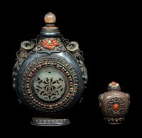 Two Mongolian Hardstone Mounted Metal Bottles