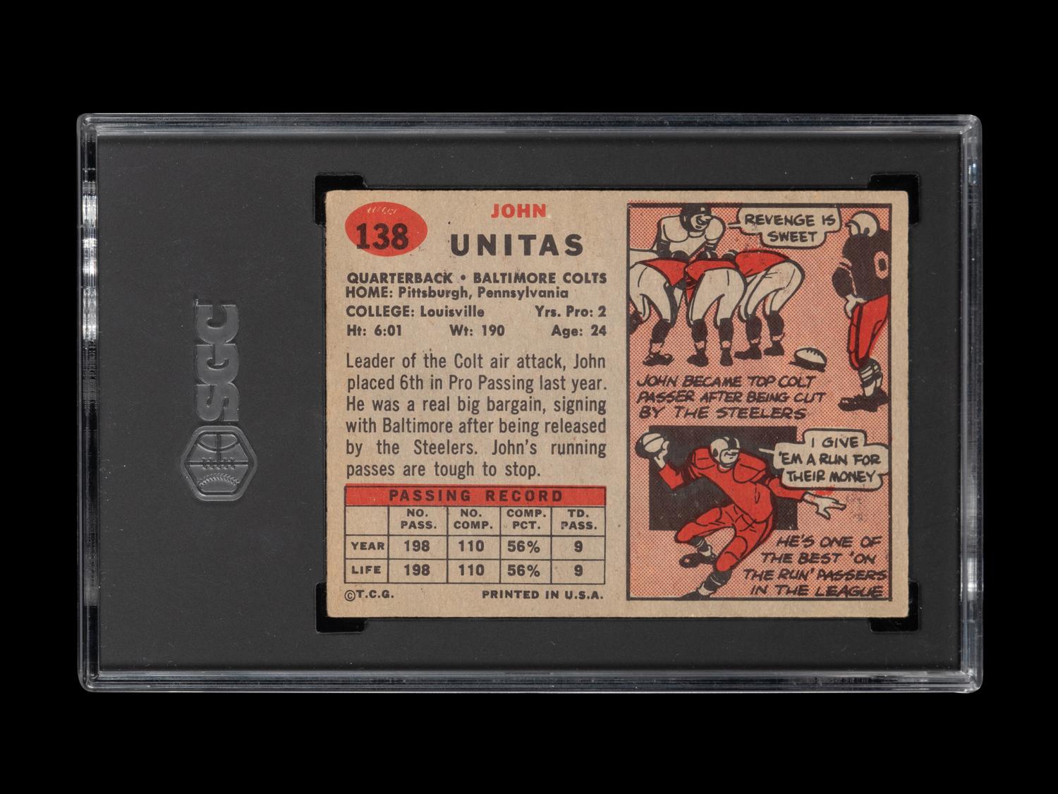 A 1957 Topps Johnny Unitas Rookie Football Card No. 138 (SGC 4.5 VG-EX+)