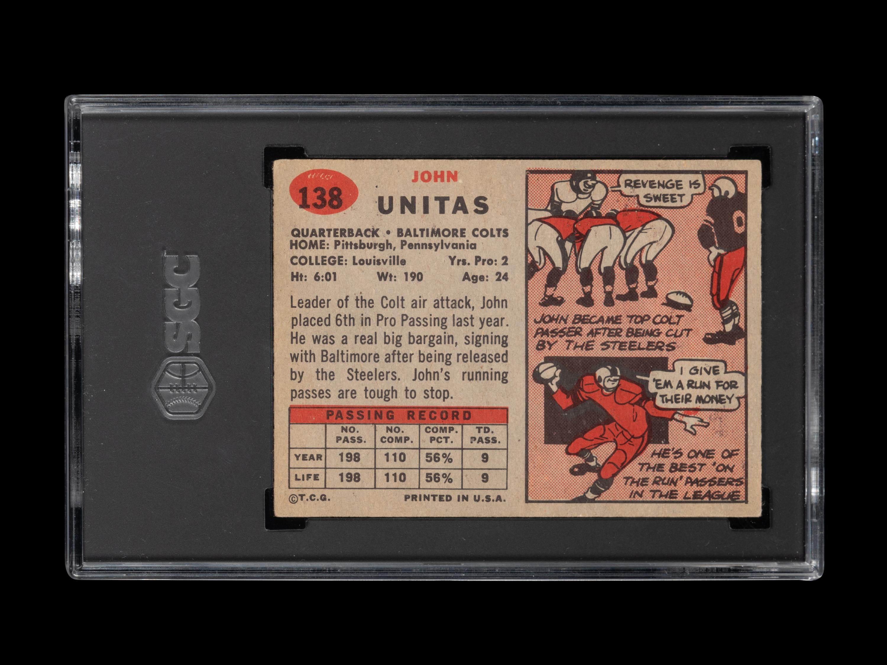 A 1957 Topps Johnny Unitas Rookie Football Card No. 138 (SGC 4.5 VG-EX+)