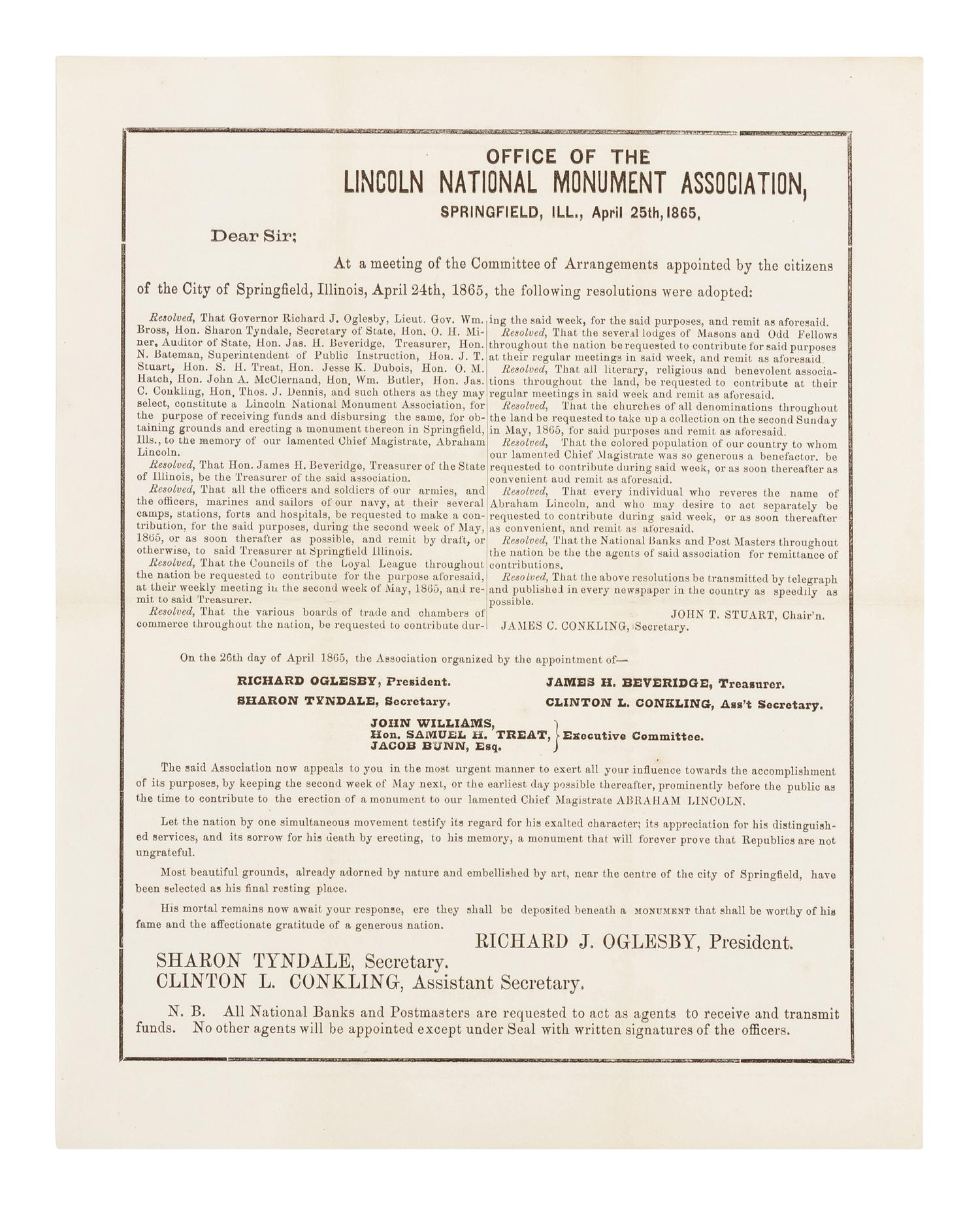 [LINCOLN NATIONAL MONUMENT]. OGLESBY, Richard J. (1824-1899). A printed broadside. Springfield: Lincoln National Monument Association, 26 April 1865.