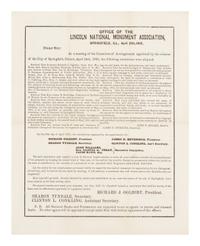 [LINCOLN NATIONAL MONUMENT]. OGLESBY, Richard J. (1824-1899). A printed broadside. Springfield: Lincoln National Monument Association, 26 April 1865.