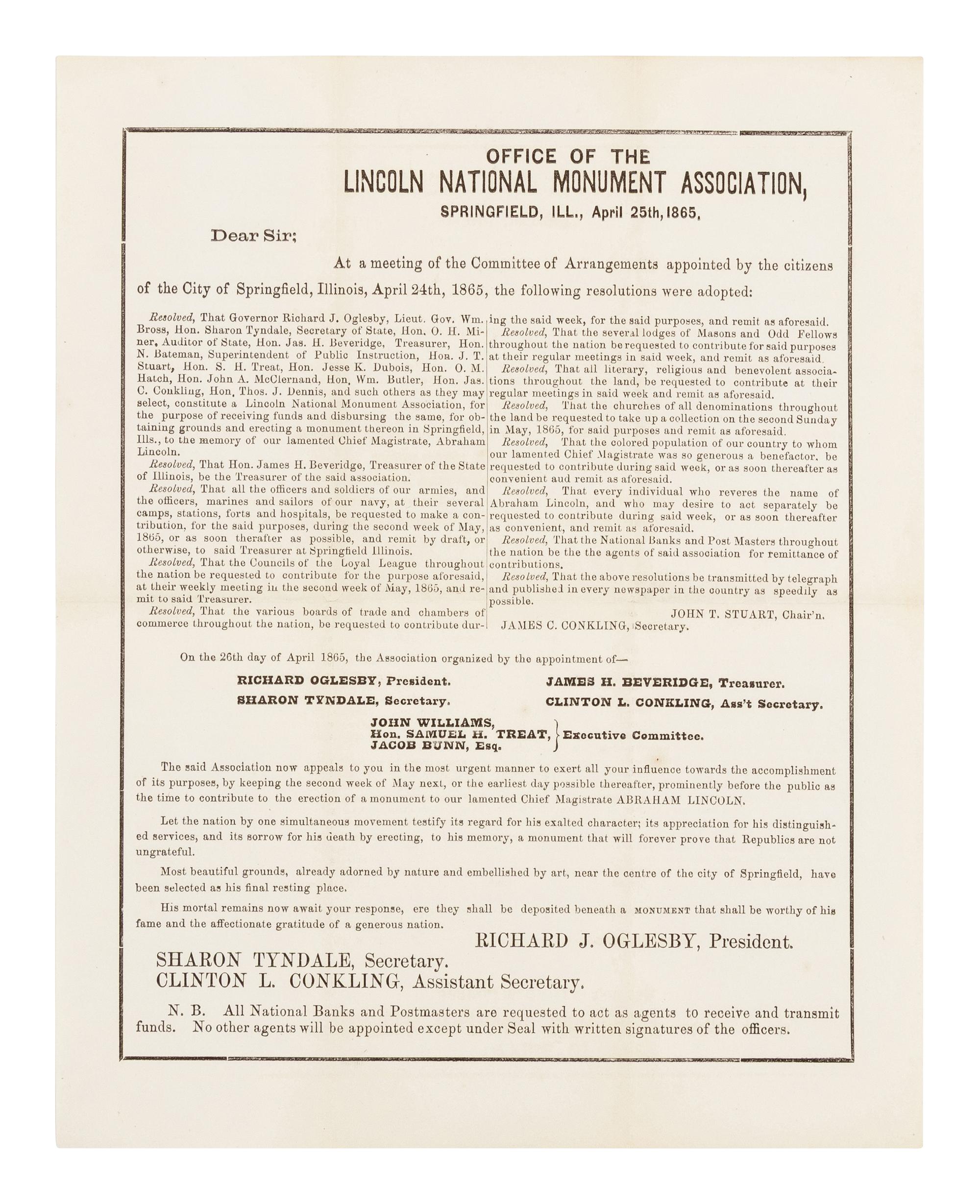 [LINCOLN NATIONAL MONUMENT]. OGLESBY, Richard J. (1824-1899). A printed broadside. Springfield: Lincoln National Monument Association, 26 April 1865.