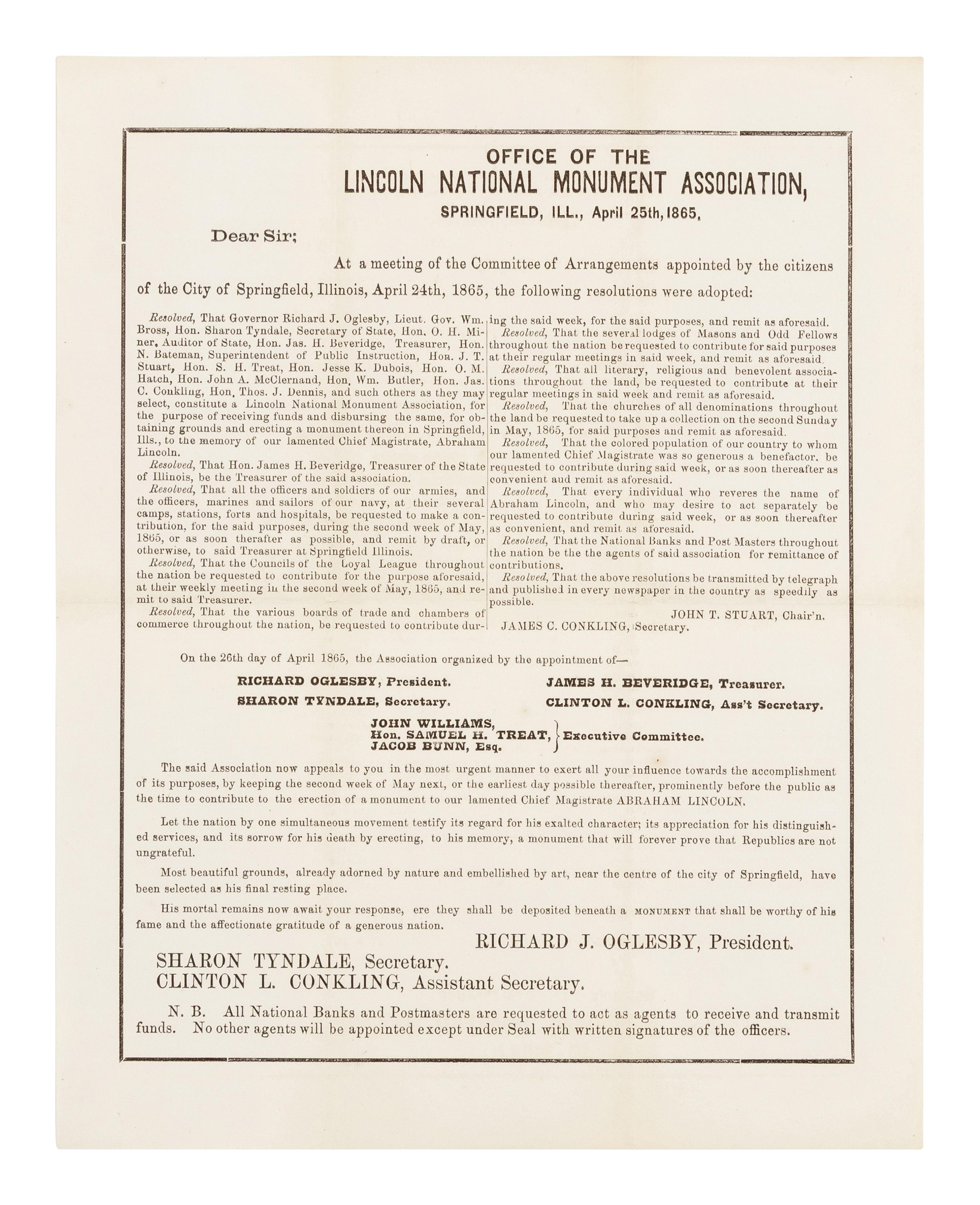[LINCOLN NATIONAL MONUMENT]. OGLESBY, Richard J. (1824-1899). A printed broadside. Springfield: Lincoln National Monument Association, 26 April 1865.