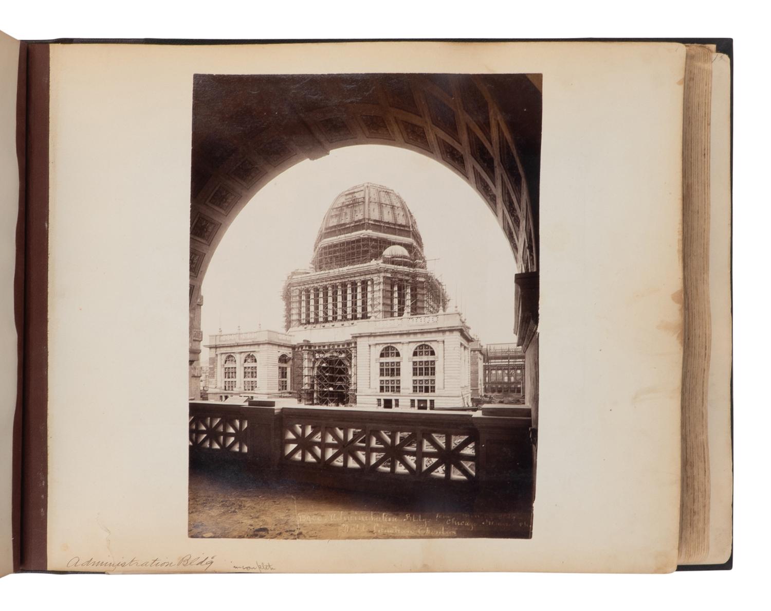 [CHICAGO]. TAYLOR, John W. (1846-1918), photographer. An album containing 154 albumen photographs of Chicago by a noted photographer, including important architectural images, as well as images relating to the preparations for the 1893 World's fair, the stockyards as described by Upton Sinclair, and more. Chicago, ca 1890.