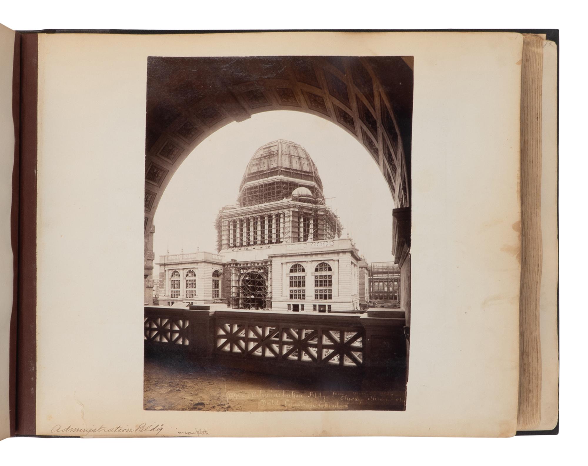 [CHICAGO]. TAYLOR, John W. (1846-1918), photographer. An album containing 154 albumen photographs of Chicago by a noted photographer, including important architectural images, as well as images relating to the preparations for the 1893 World's fair, the stockyards as described by Upton Sinclair, and more. Chicago, ca 1890.