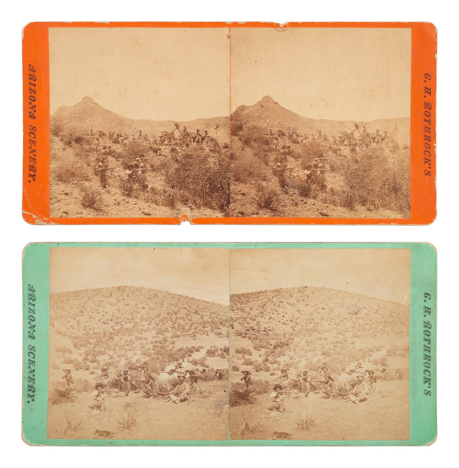 [NATIVE AMERICANS]. ROTHROCK, G.H. (1843-1924), photographer. A group of 2 stereoviews, incl. Indians Scouting, featuring Lieutenant John A. Rucker. [Phoenix, AZ].