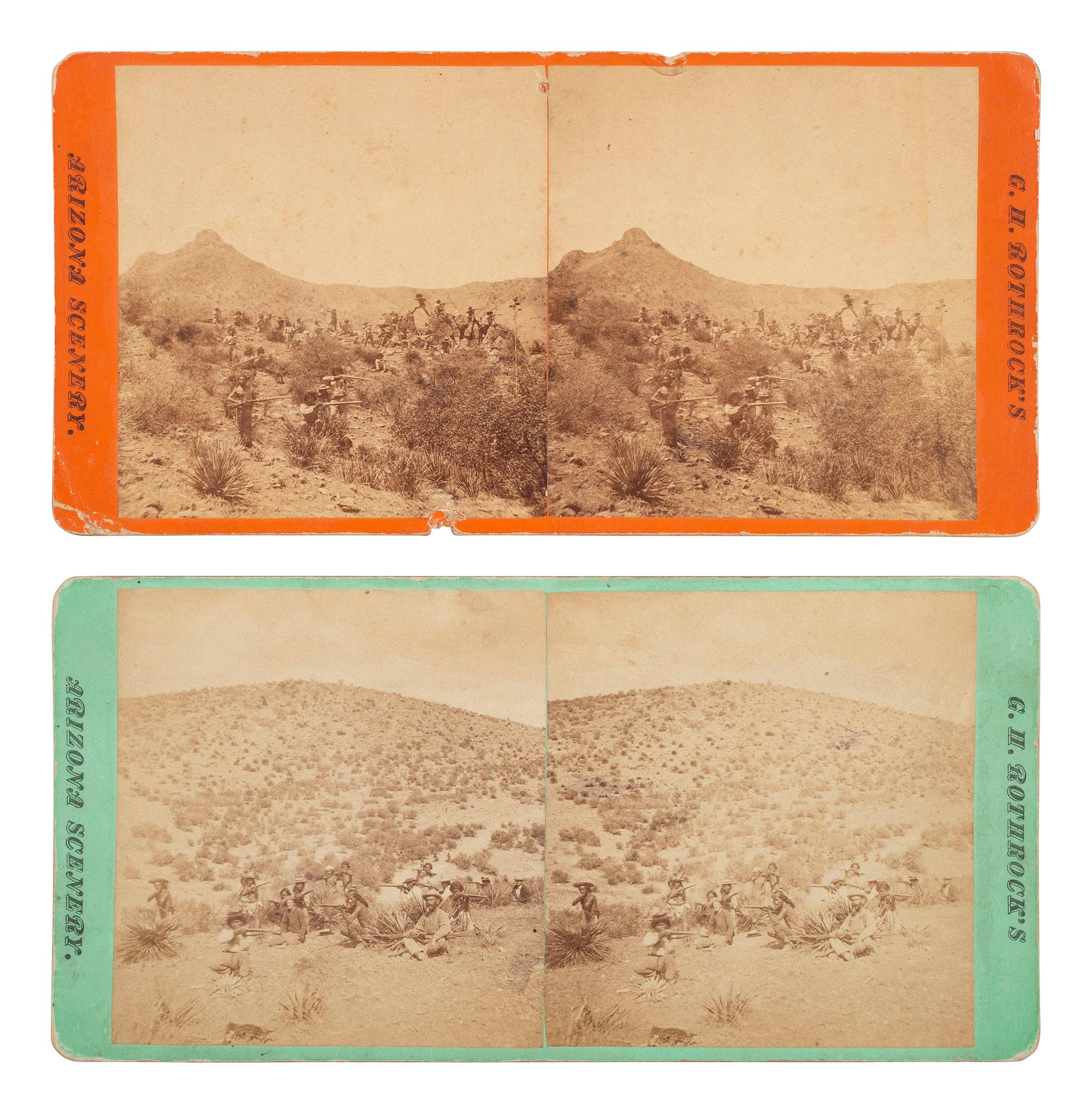 [NATIVE AMERICANS]. ROTHROCK, G.H. (1843-1924), photographer. A group of 2 stereoviews, incl. Indians Scouting, featuring Lieutenant John A. Rucker. [Phoenix, AZ].