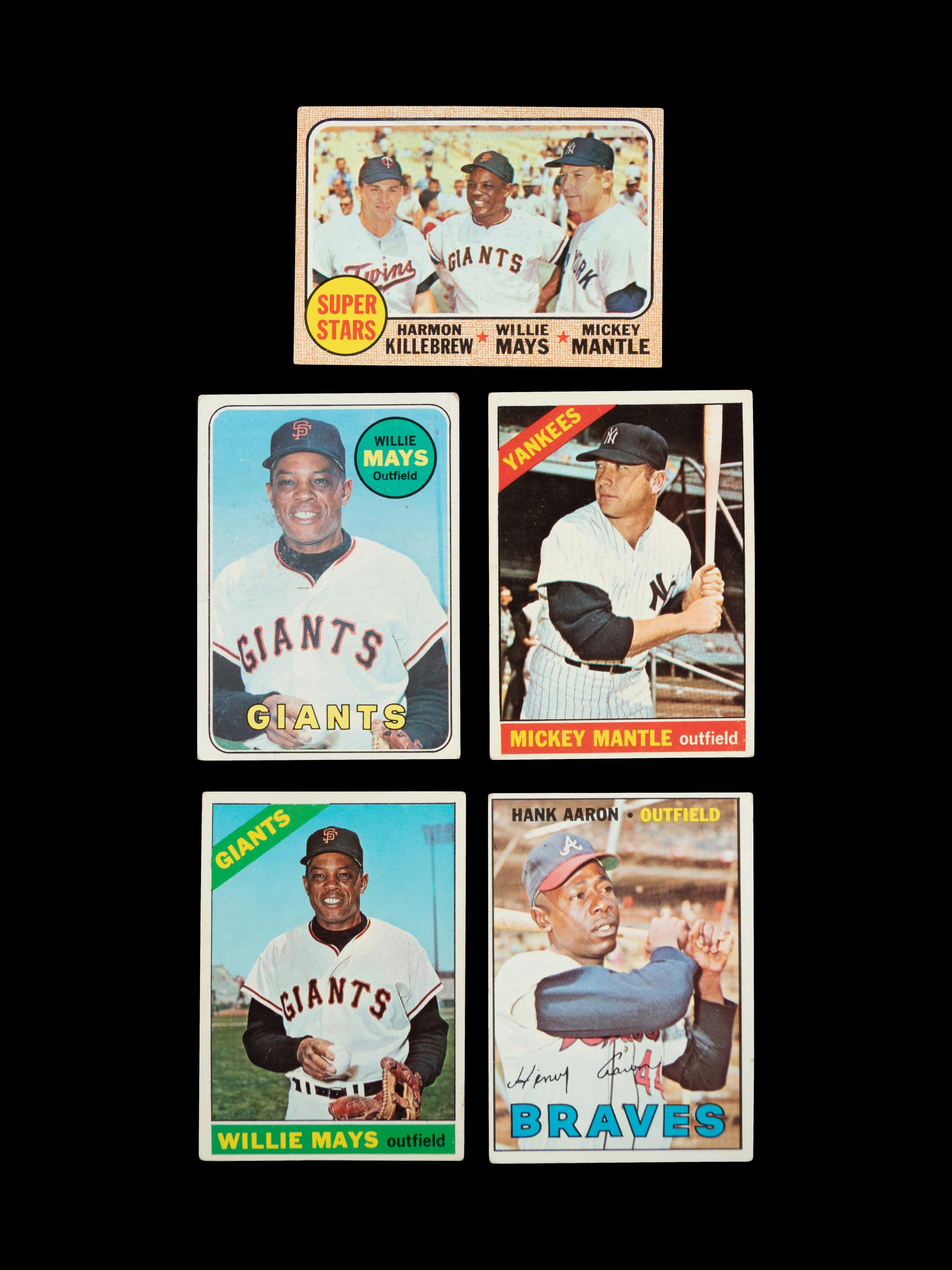 A Group of Five 1960s Mickey Mantle, Willie Mays and Hank Aaron Topps Baseball Cards,