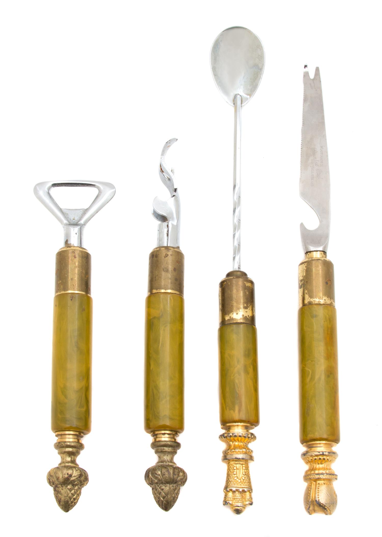A Set of Four English Onyx Handled Bar Tools Length of largest 11 1/4 inches. — 20TH CENTURY