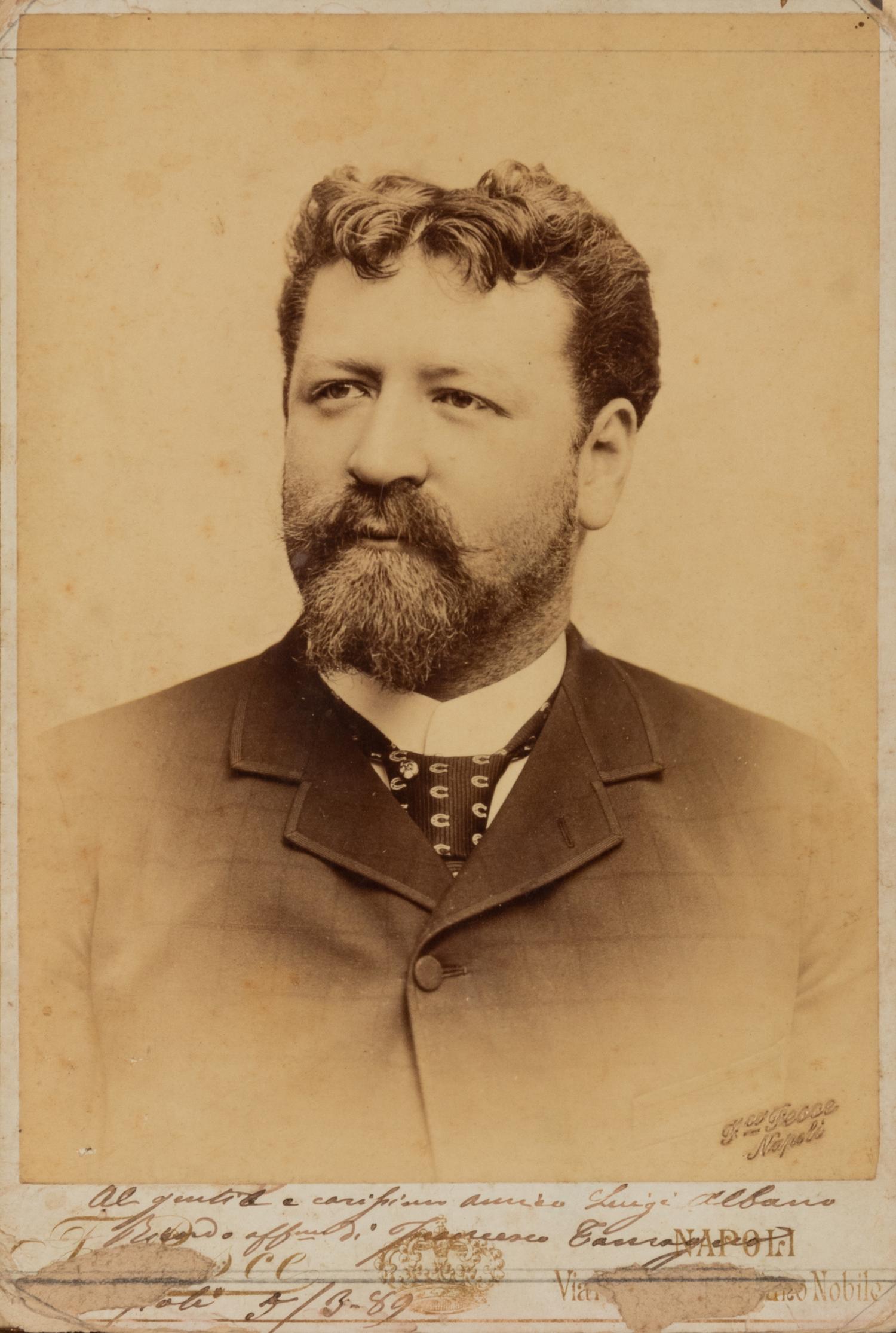 TAMAGNO, Francesco (1850-1905). Cabinet photograph, signed in lower margin (“Francesco Tamagno”) and additionally inscribed to Luigi Albano, 1889.