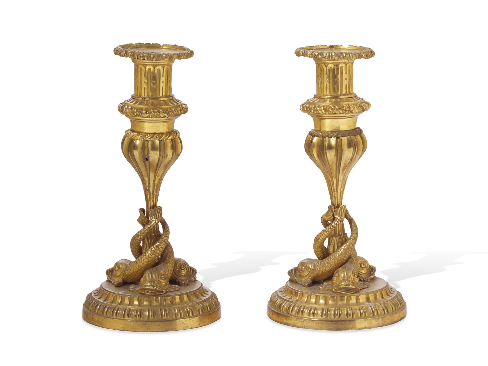 A Pair of Continental Gilt Bronze Candlesticks
