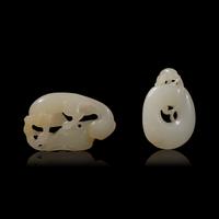 Two Chinese White Jade Toggles 18th/Early 19th Century 清中期 白玉松鼠葡萄及龍佩