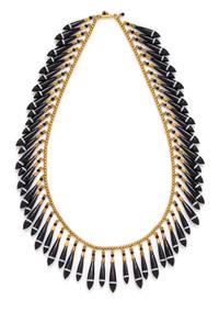 An Etruscan Revival Yellow Gold, Banded Agate and Enamel Fringe Necklace, Tiffany & Co., Circa 1870, 36.00 dwts.