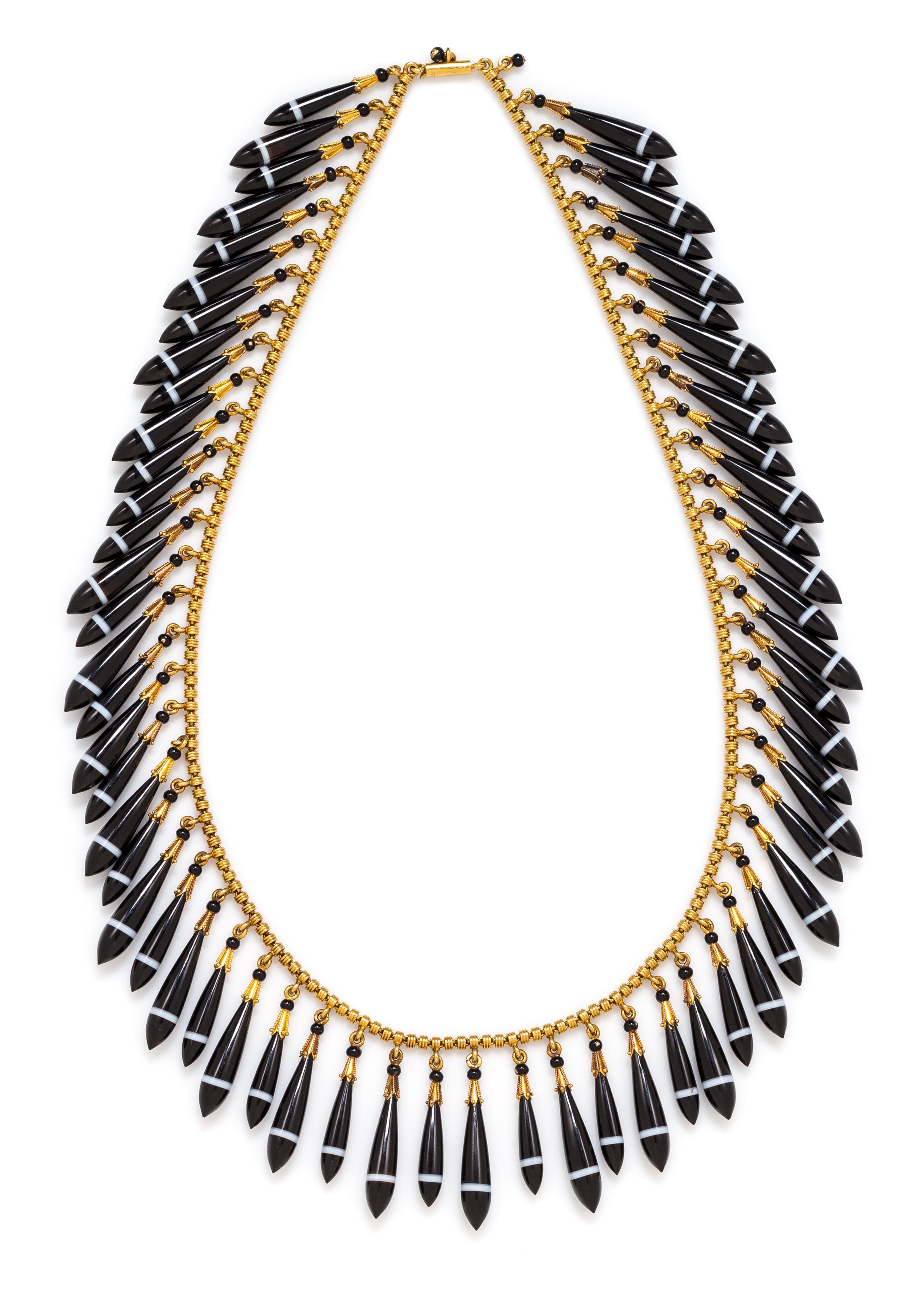 An Etruscan Revival Yellow Gold, Banded Agate and Enamel Fringe Necklace, Tiffany & Co., Circa 1870, 36.00 dwts.