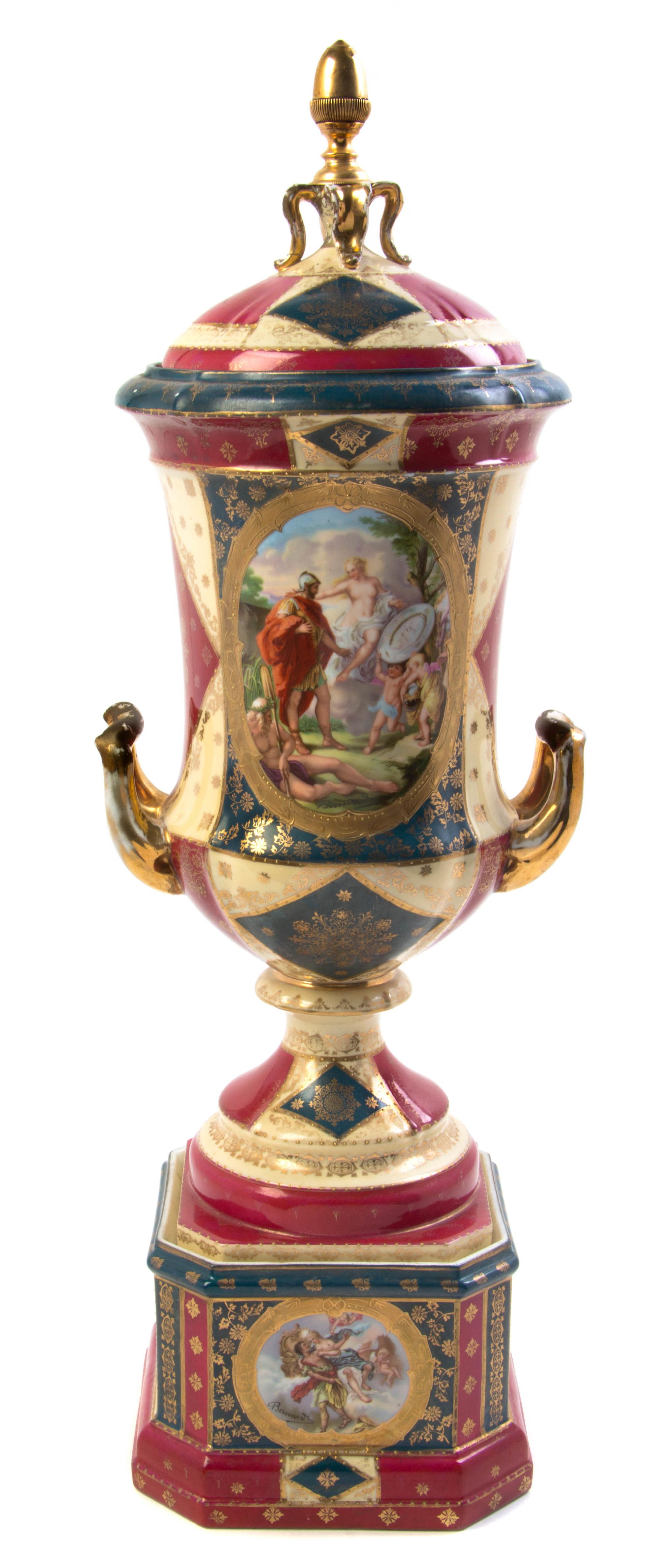 A Royal Vienna Porcelain Lidded Urn, Height 26 inches.