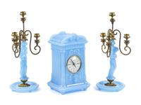 A Continental Blue Opaline Glass Three-Piece Clock Garniture