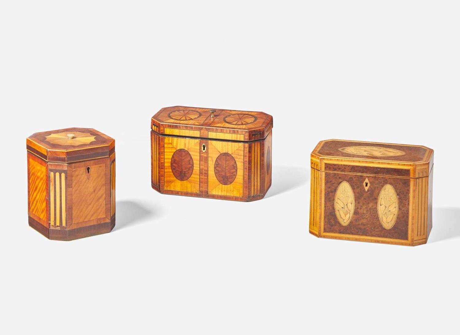 A group of three George III inlaid mahogany and satinwood tea caddies, circa 1780-1800