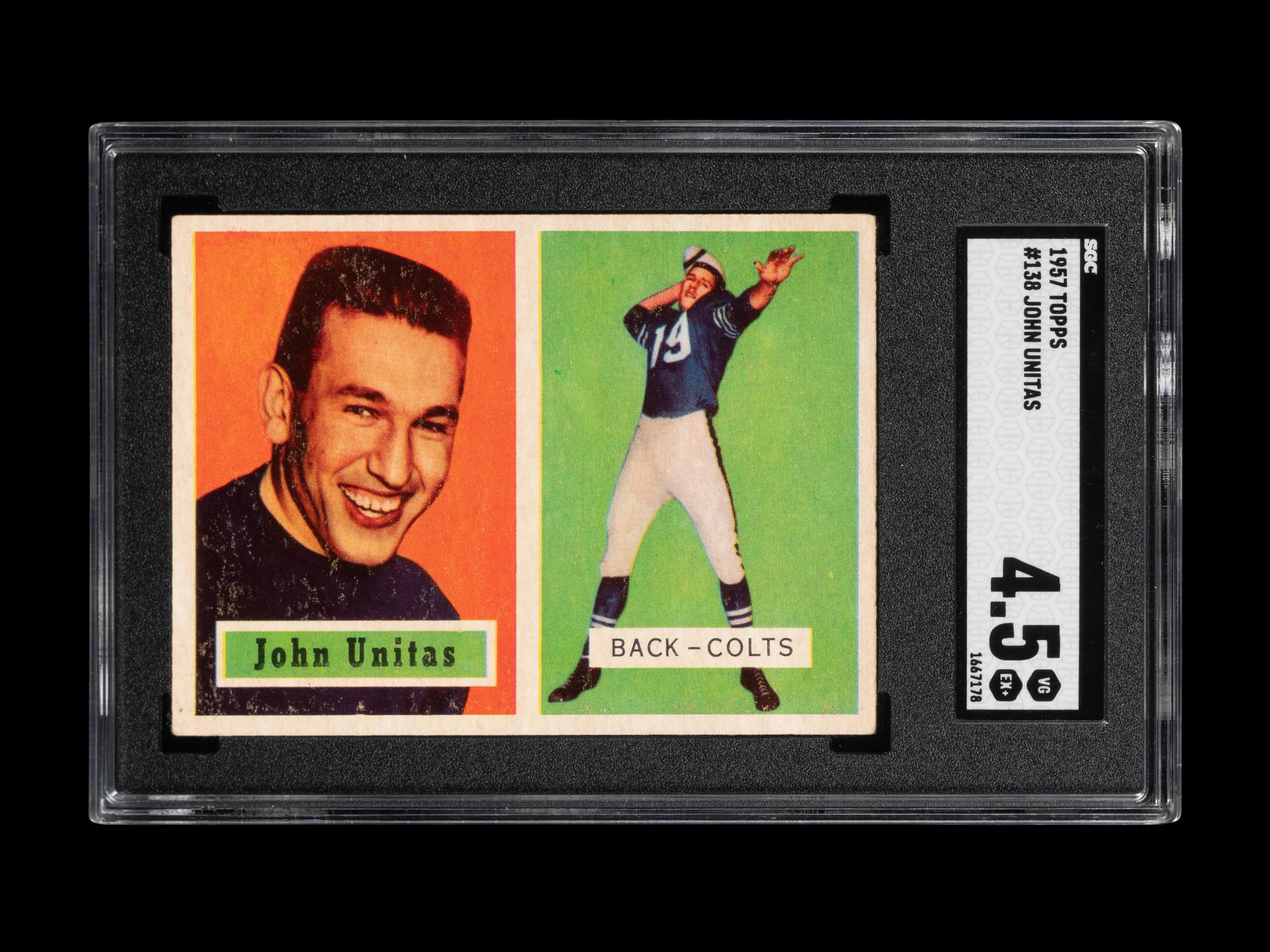 A 1957 Topps Johnny Unitas Rookie Football Card No. 138 (SGC 4.5 VG-EX+)