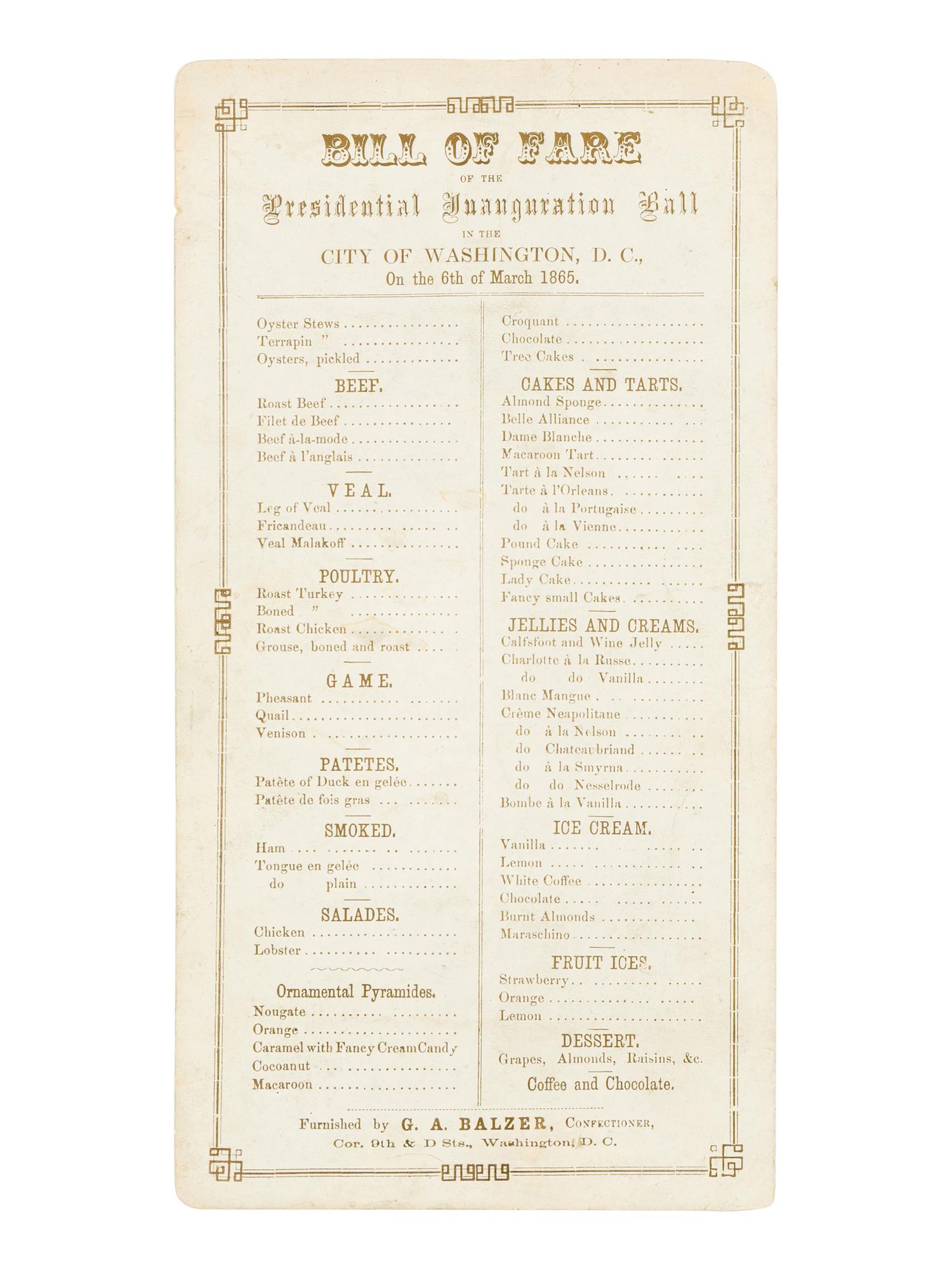 [1865 INAUGURATION]. An invitation and menu to the National Inauguration Ball. Washington, D.C., 4 March 1865.