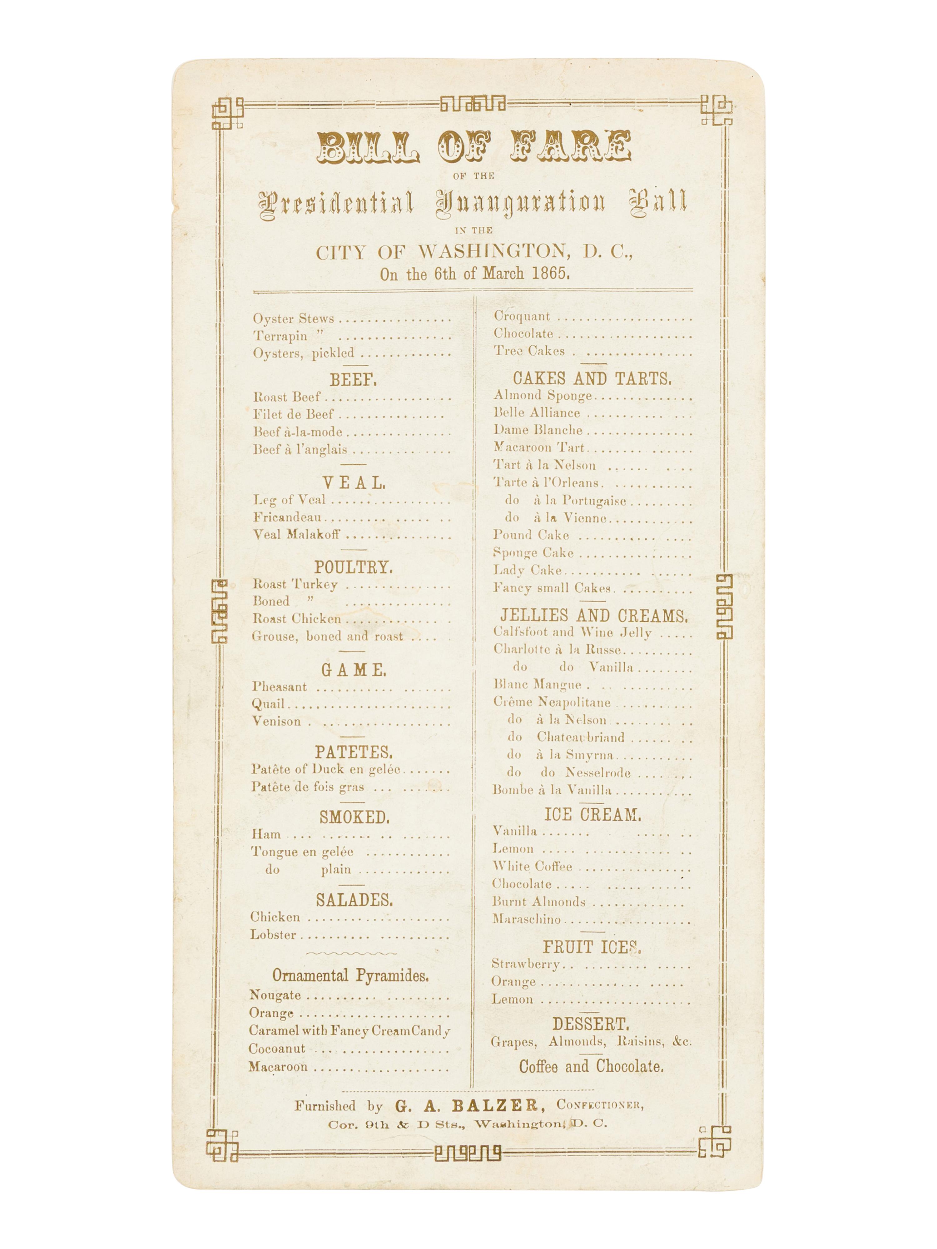 [1865 INAUGURATION]. An invitation and menu to the National Inauguration Ball. Washington, D.C., 4 March 1865.