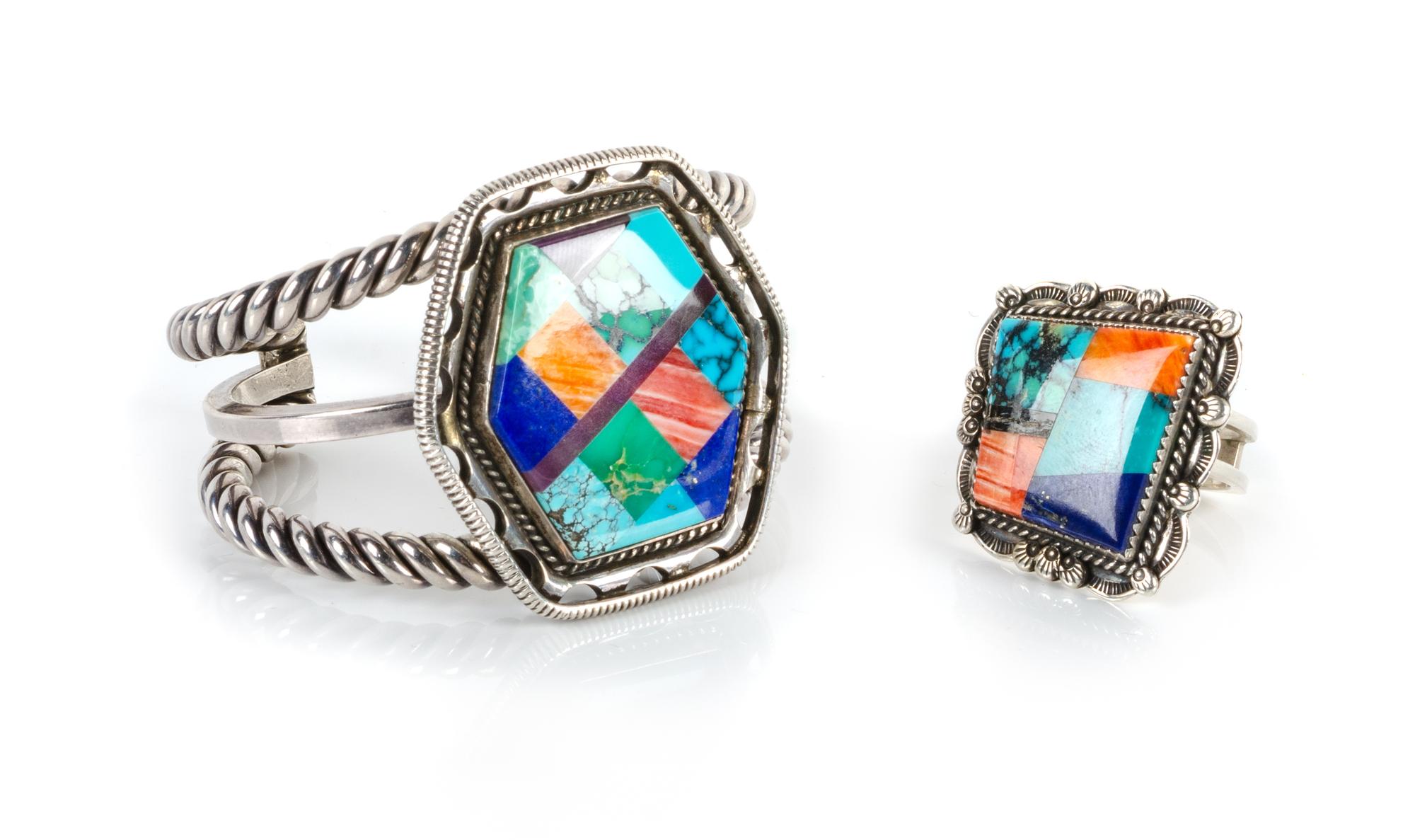 Navajo Silver and Multi-Stone Cuff Bracelet and Ring Length 5 1/4 x opening 3/4 x width 1 3/4 inches