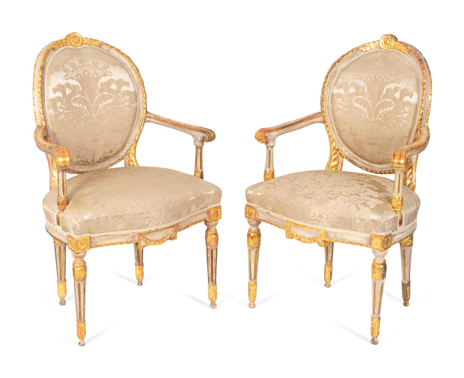 A Pair of Italian Neoclassical Painted and Parcel Gilt Armchairs — LATE 18TH CENTURY