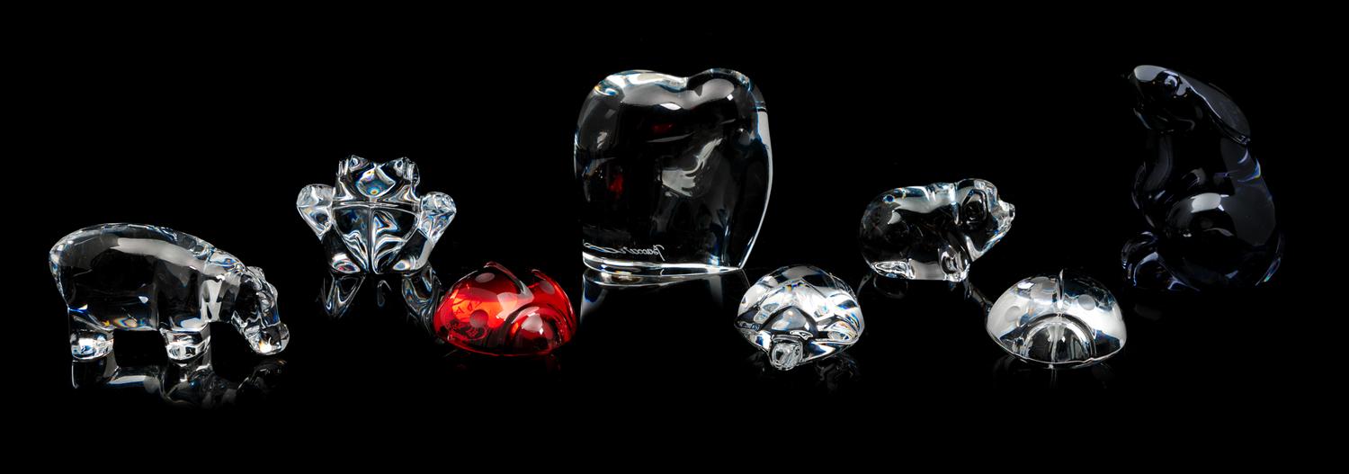 Eight Baccarat Small Ornaments Height of tallest 3 inches.