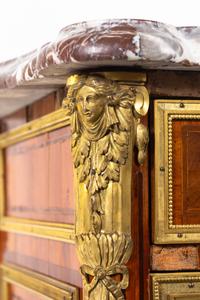 A Louis XVI Gilt Bronze Mounted Tulipwood Commode with an Unassociated Marble Top