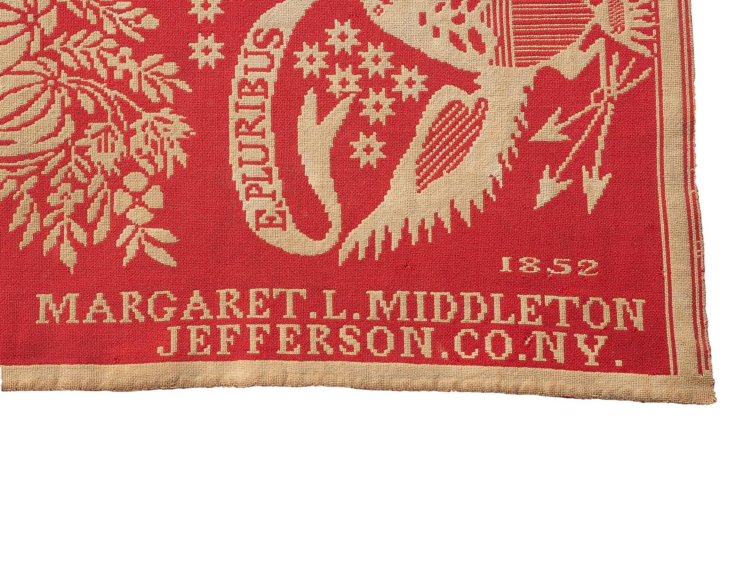 A Red and White Patriotic Jacquard Woven Coverlet