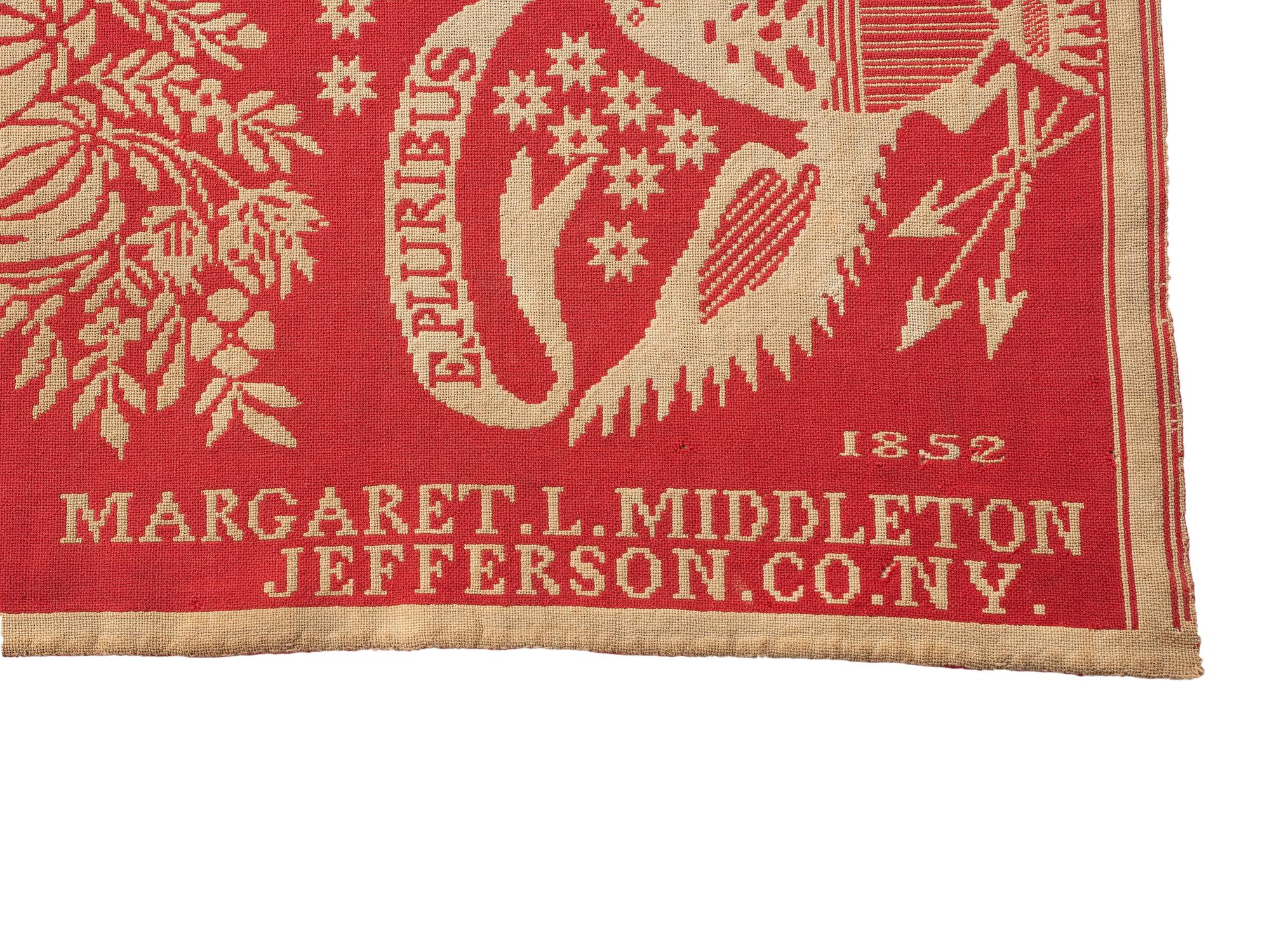 A Red and White Patriotic Jacquard Woven Coverlet