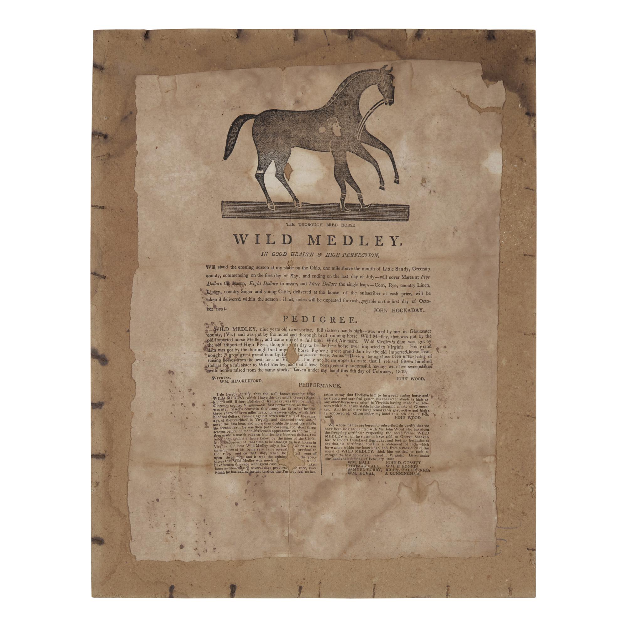 [Horse Racing] An Early and Possibly the Only Extant Example of this 19th Century Broadside Advertising the Stud Services of the Celebrated American Thoroughbred Racehorse Wild Medley