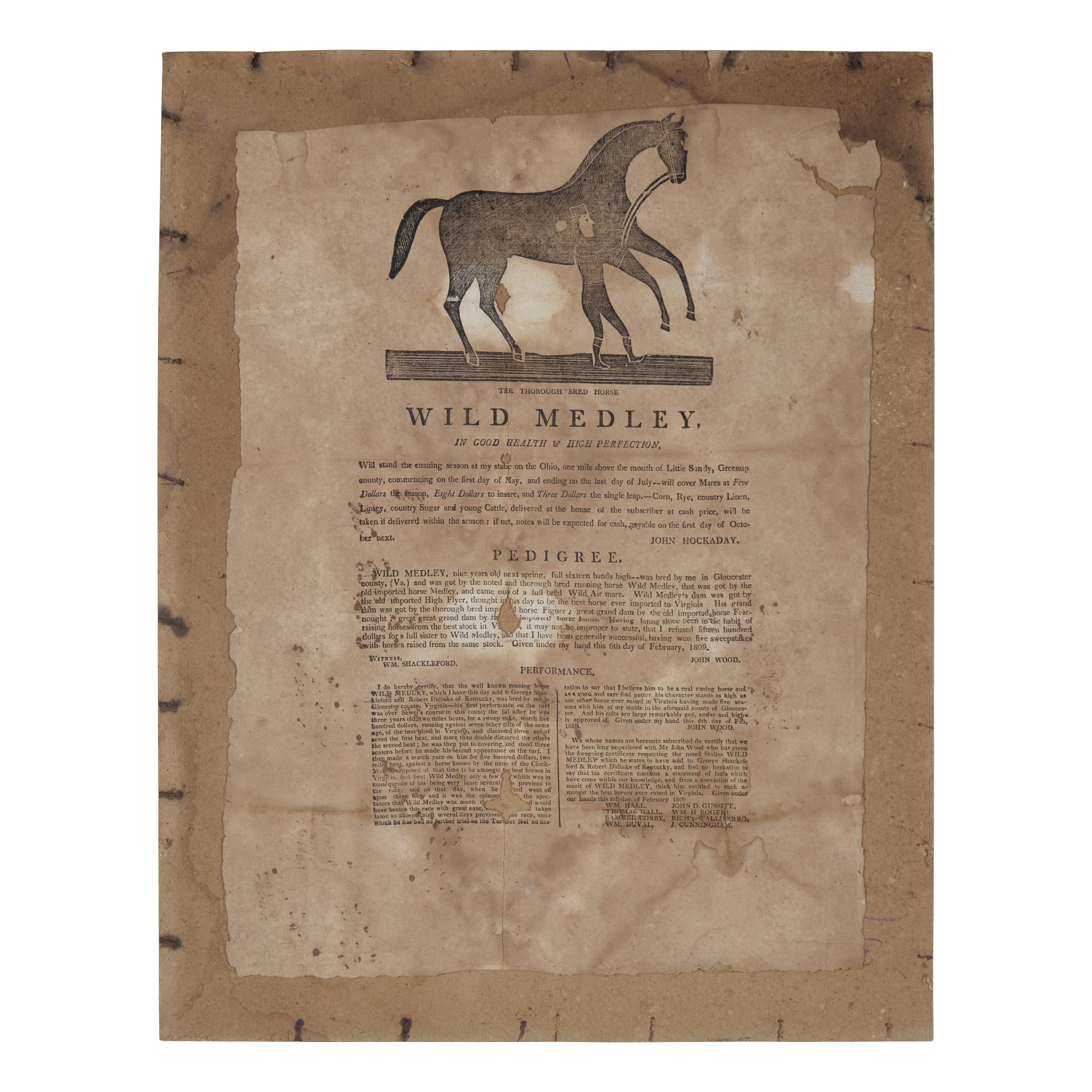 [Horse Racing] An Early and Possibly the Only Extant Example of this 19th Century Broadside Advertising the Stud Services of the Celebrated American Thoroughbred Racehorse Wild Medley