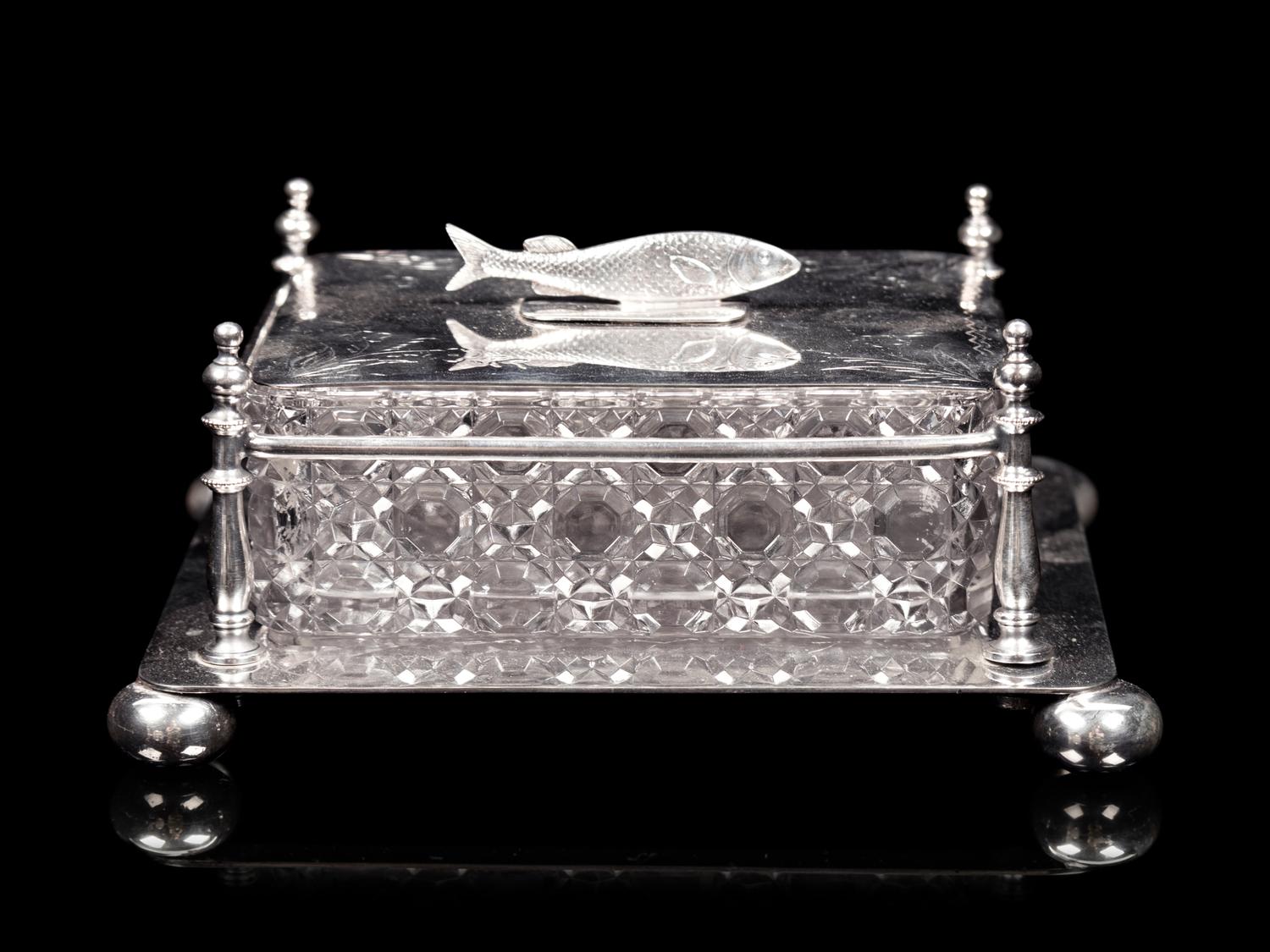 Two English Silver-Plate and Cut Glass Biscuit Jars and A Similar Sardine Box
