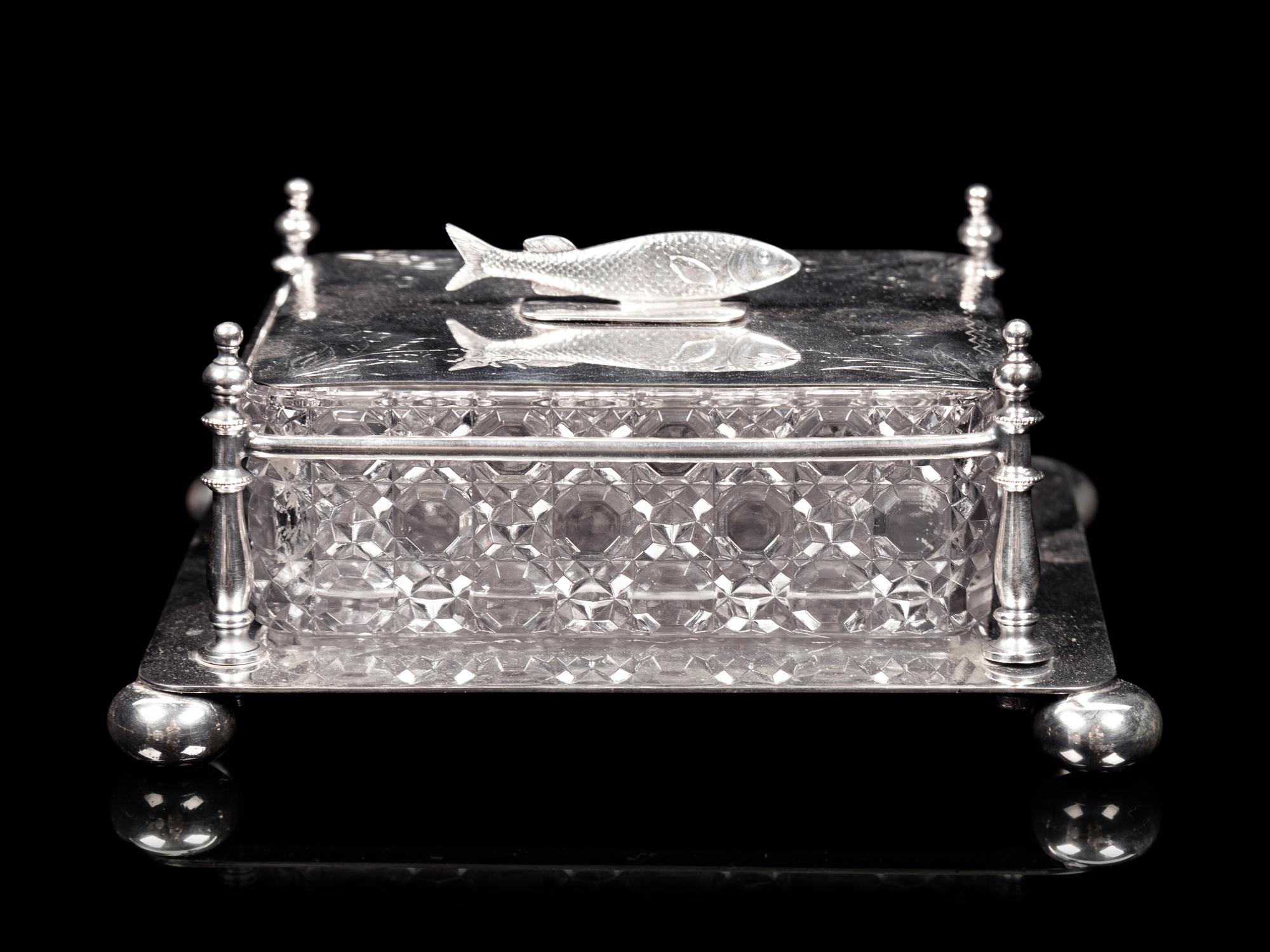 Two English Silver-Plate and Cut Glass Biscuit Jars and A Similar Sardine Box