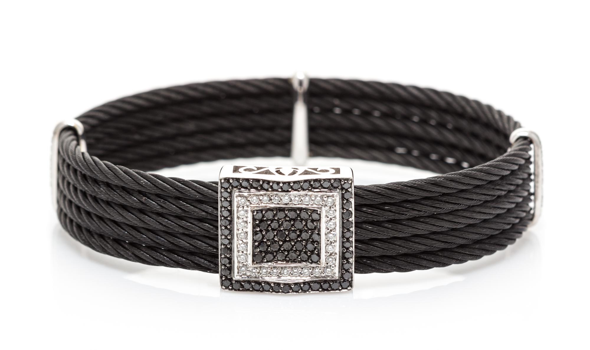 A Black PVD Coated Stainless Steel, 18 Karat White Gold, Diamond and Black Diamond "Celtic Noir" Bracelet, Charriol, 18.90 dwts.
