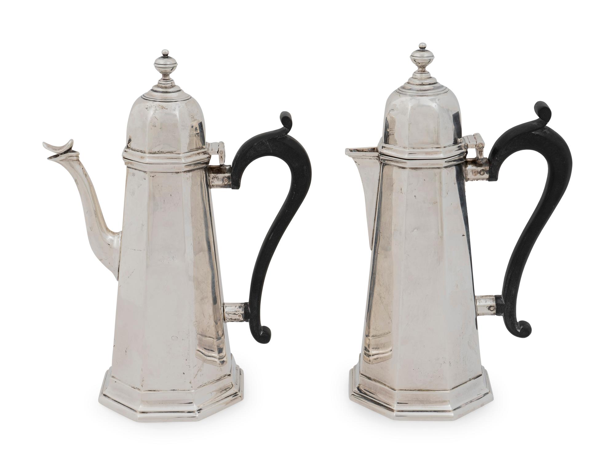 Two George V Silver Small Lighthouse Coffeepots — The first Thomas Bradbury & Sons, Sheffield, 1927, the second Thomas Bradbury & Sons, London, 1927
