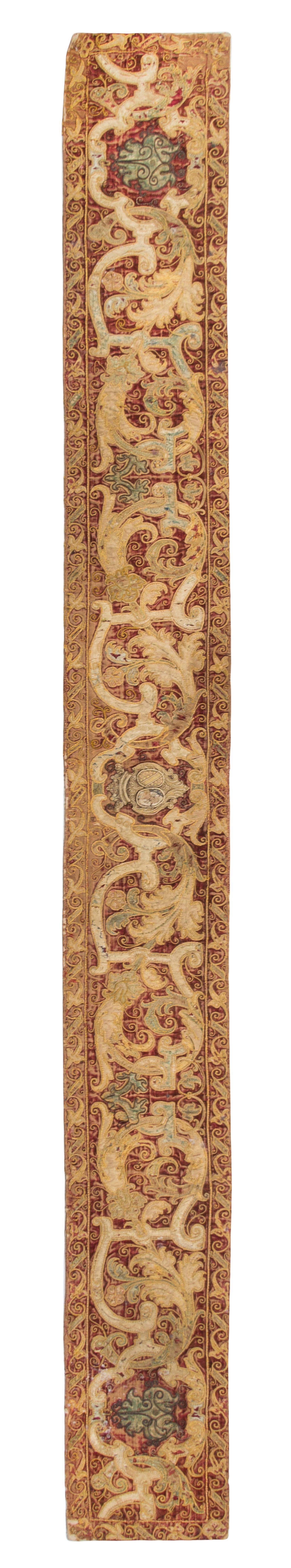 A Continental Embroidered Velvet Panel or Table Runner Length 99 x width 10 1/2 inches. — 17TH/18TH CENTURY