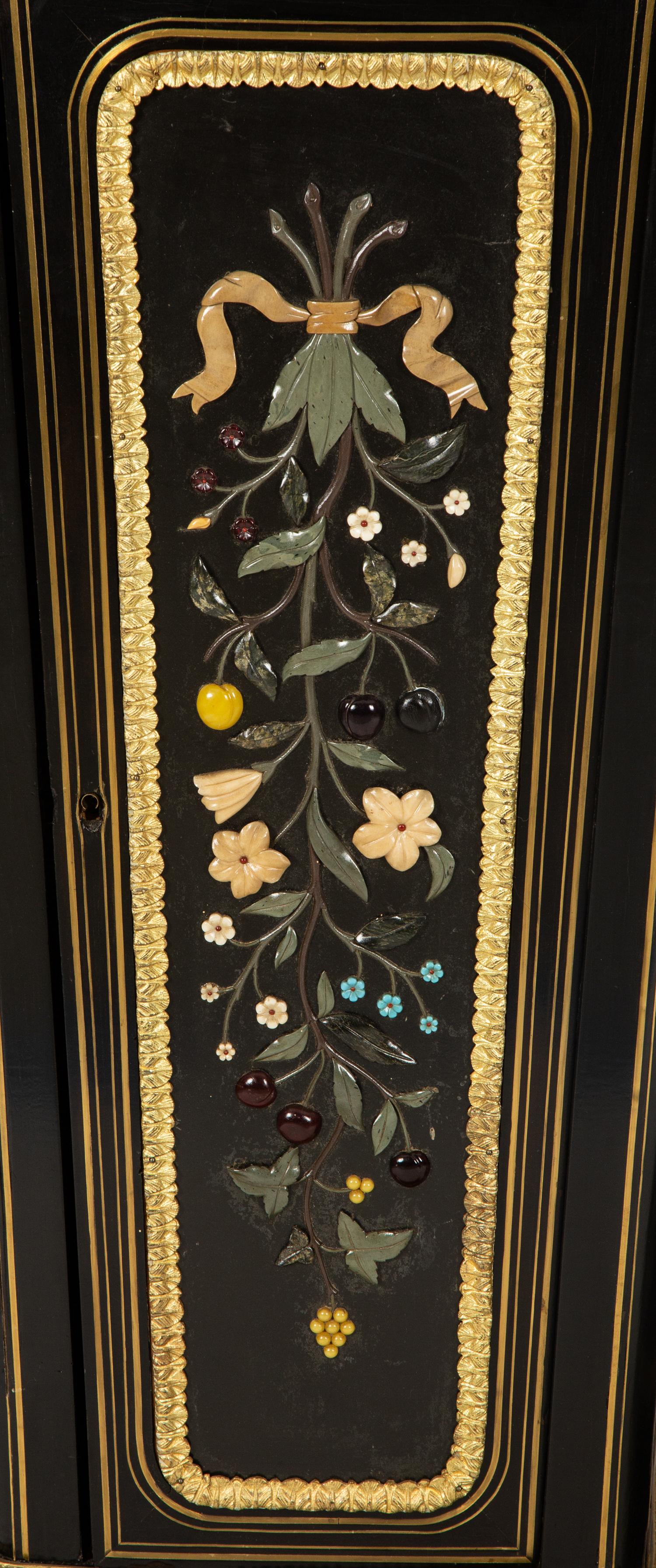 A Pair of Louis XVI Style Gilt-Bronze Mounted and Hardstone Inlaid Ebonized Marble-Top Pedestal Cabinets