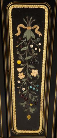 A Pair of Louis XVI Style Gilt-Bronze Mounted and Hardstone Inlaid Ebonized Marble-Top Pedestal Cabinets
