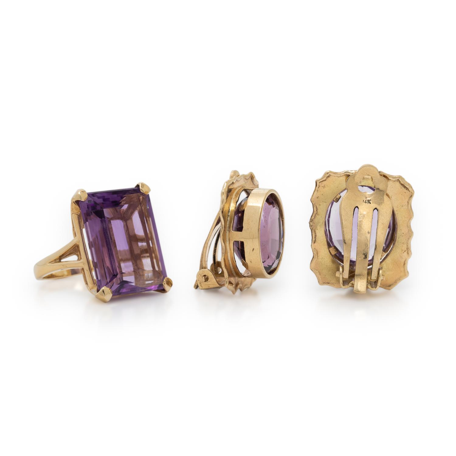 AMETHYST AND YELLOW GOLD EARRINGS AND RING