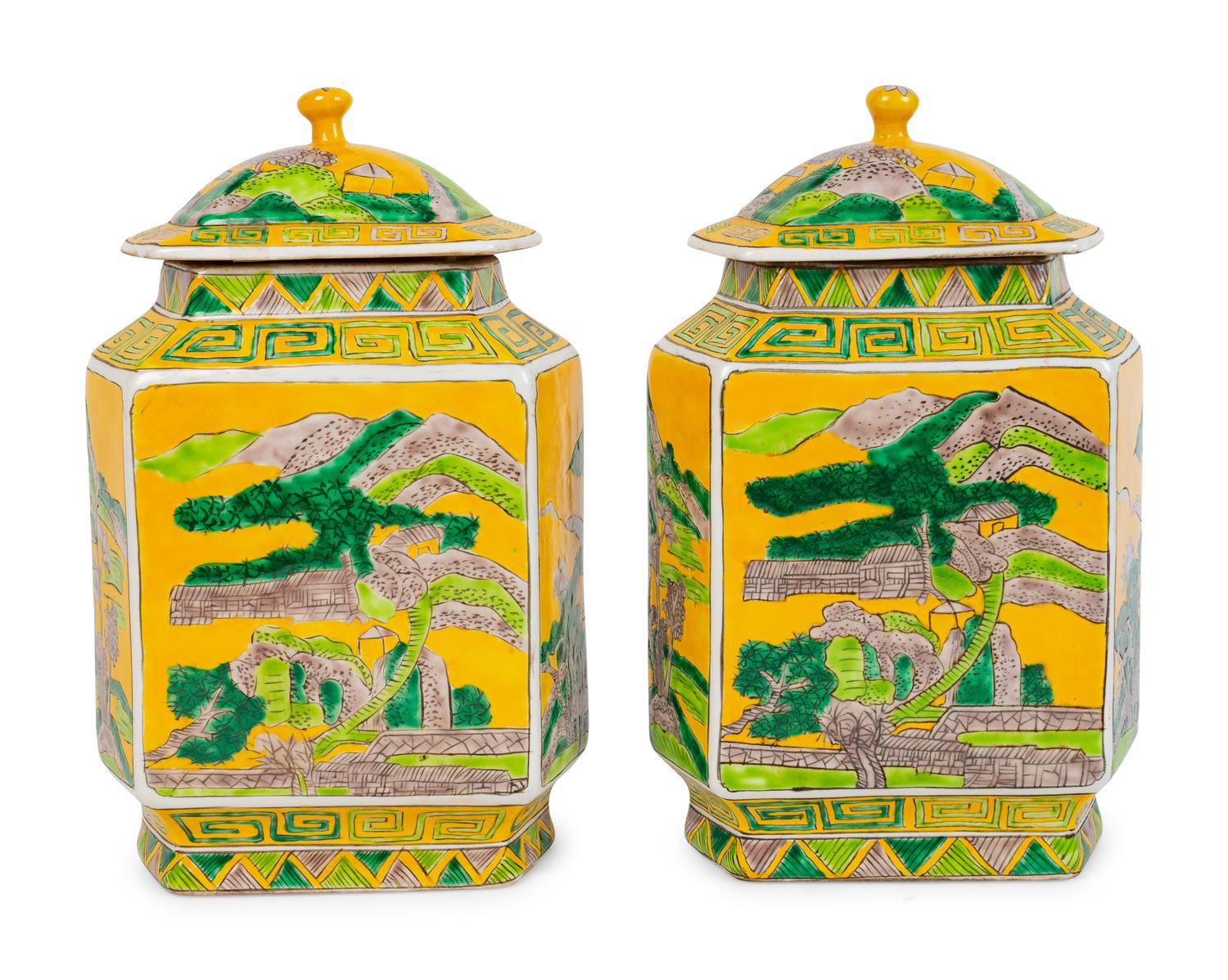 A Pair of Chinese Famille Verte Porcelain Lidded Jars