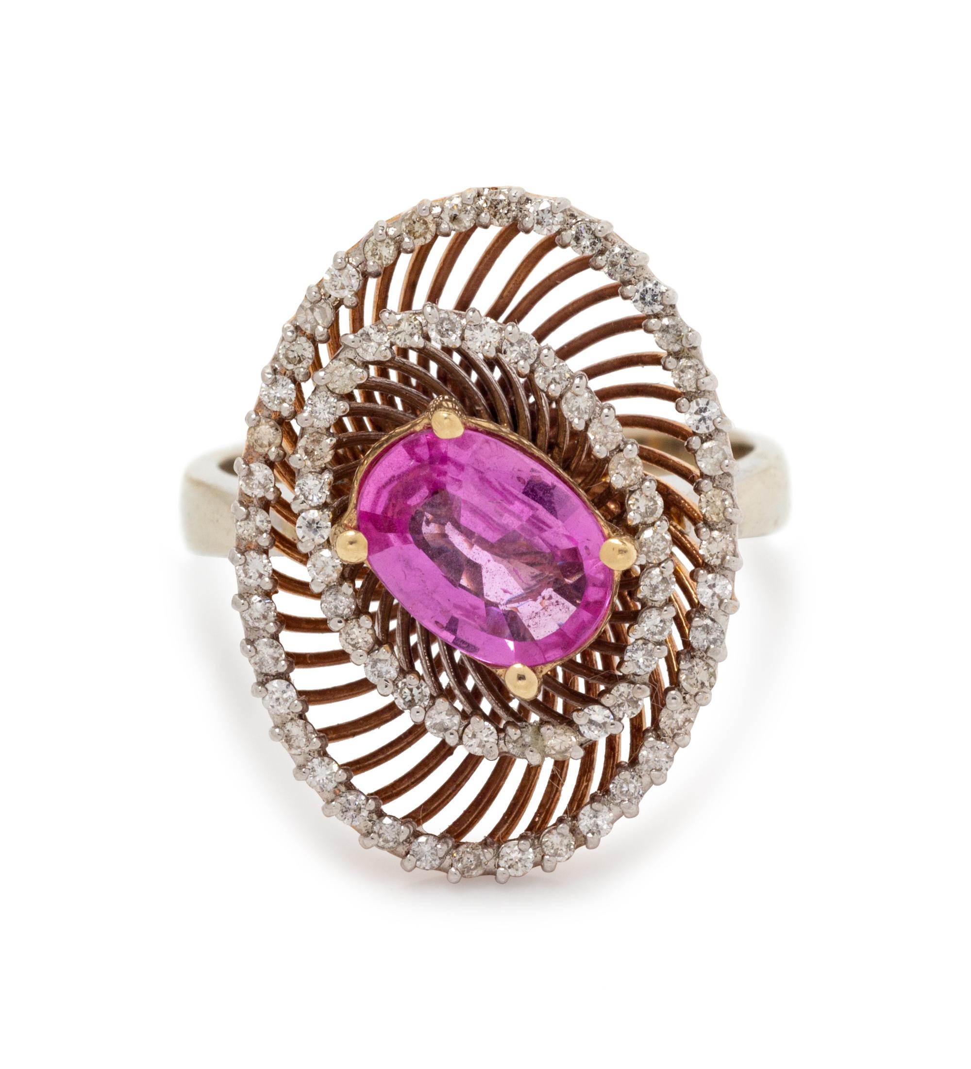 A 14 Karat Bicolor Gold, Pink Sapphire and Diamond Ring,