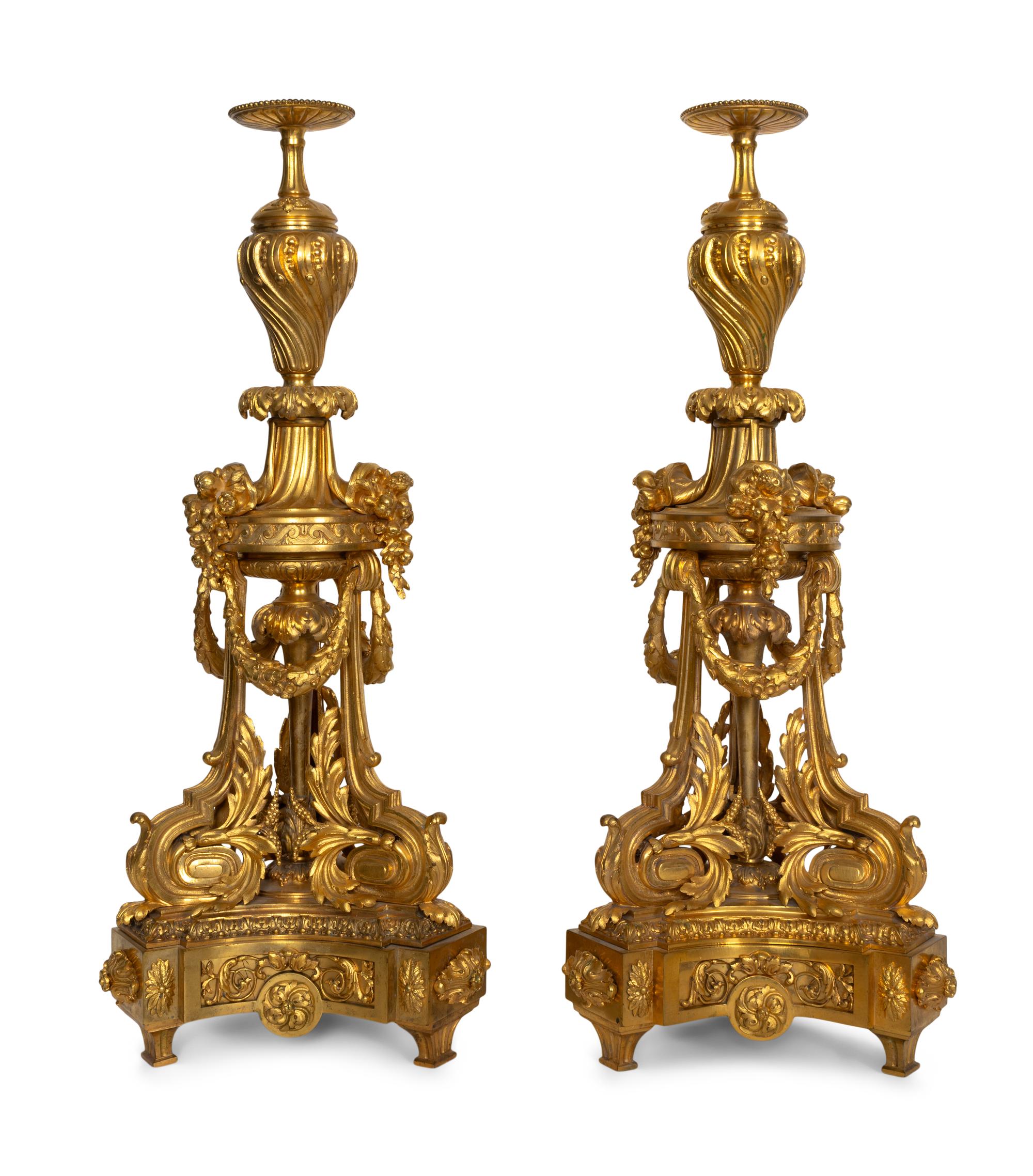 A Pair of Fine Louis XVI Gilt Bronze Candle Stands